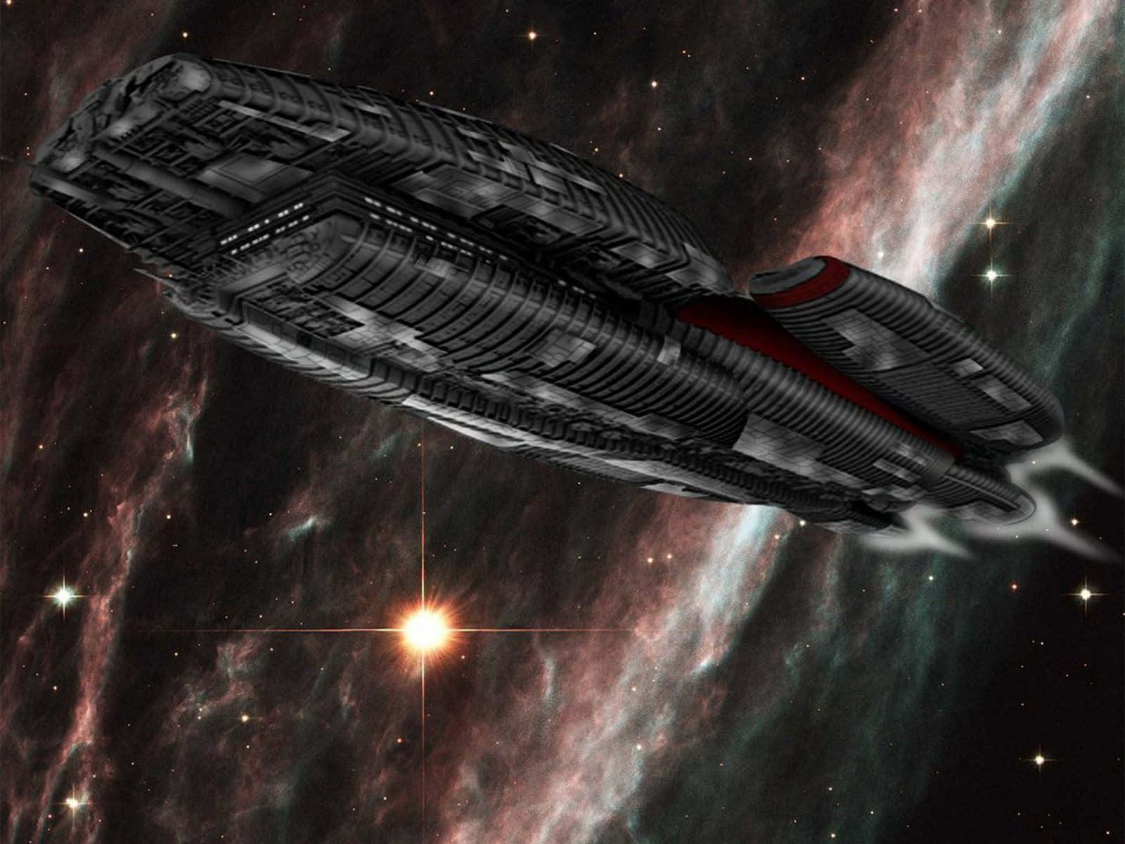 Battlestar Galactica, futuristic spaceship, cosmic nebula, HD Desktop Wallpaper
