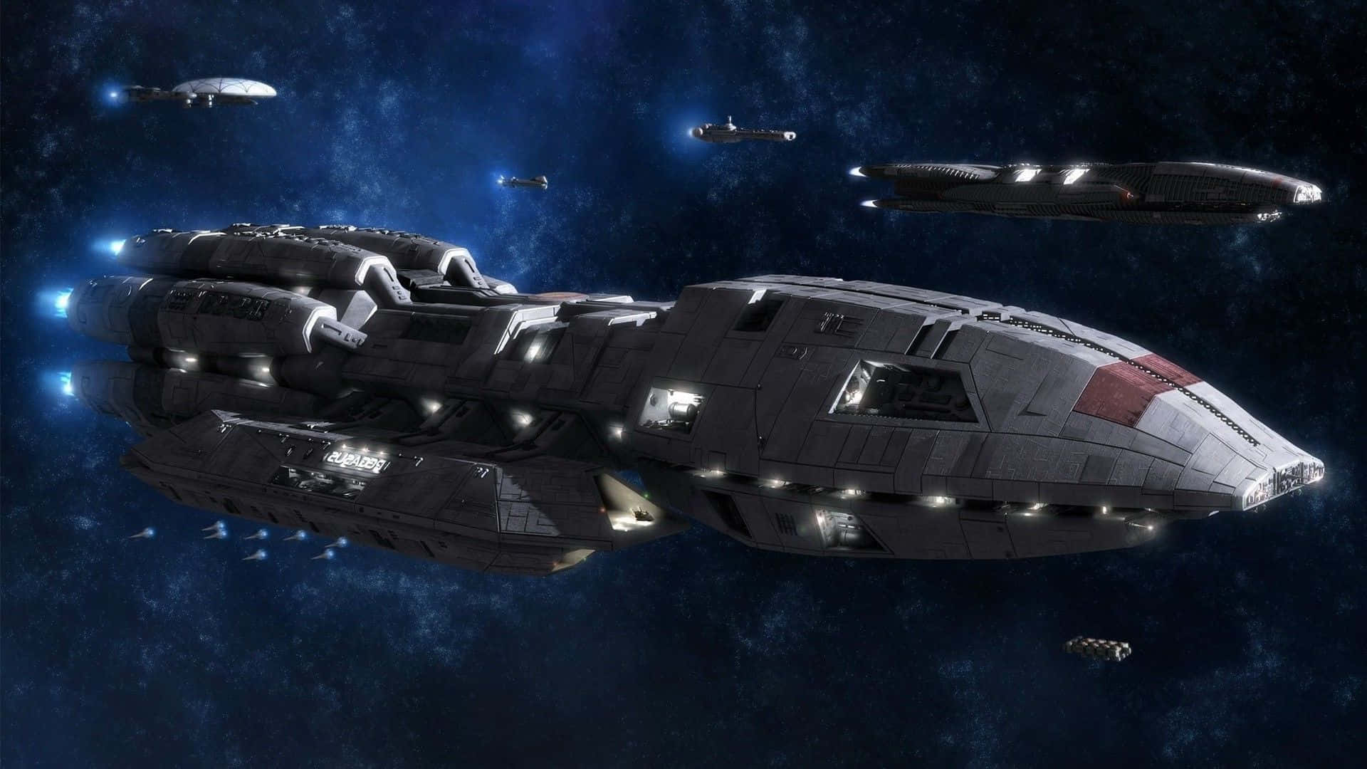 Battlestar Galactica, glowing blue engines, star-filled deep blue cosmic void, Full HD Desktop Wallpaper