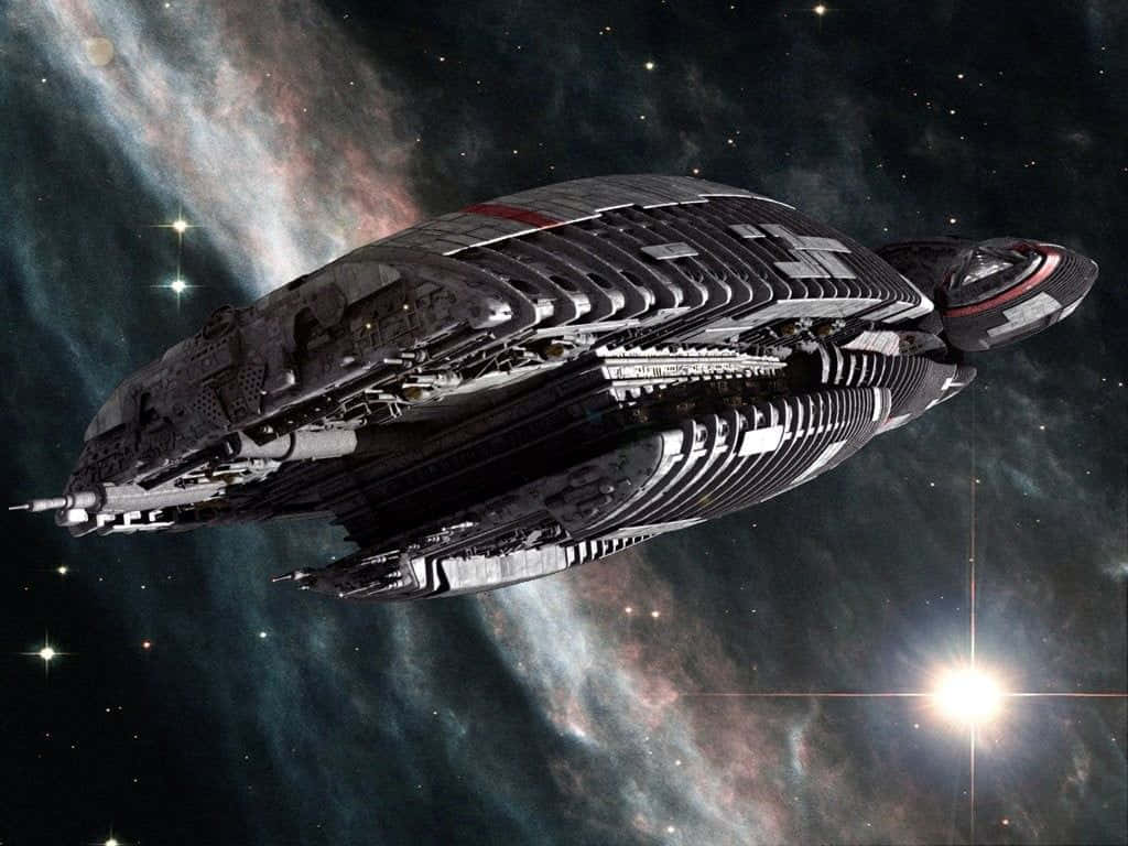 Battlestar Galactica, futuristic spaceship, cosmic nebula, SD Desktop Wallpaper