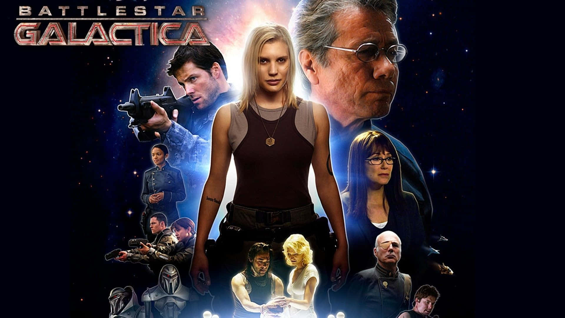 Battlestar Galactica, key characters, starry space backdrop, Full HD Desktop Wallpaper