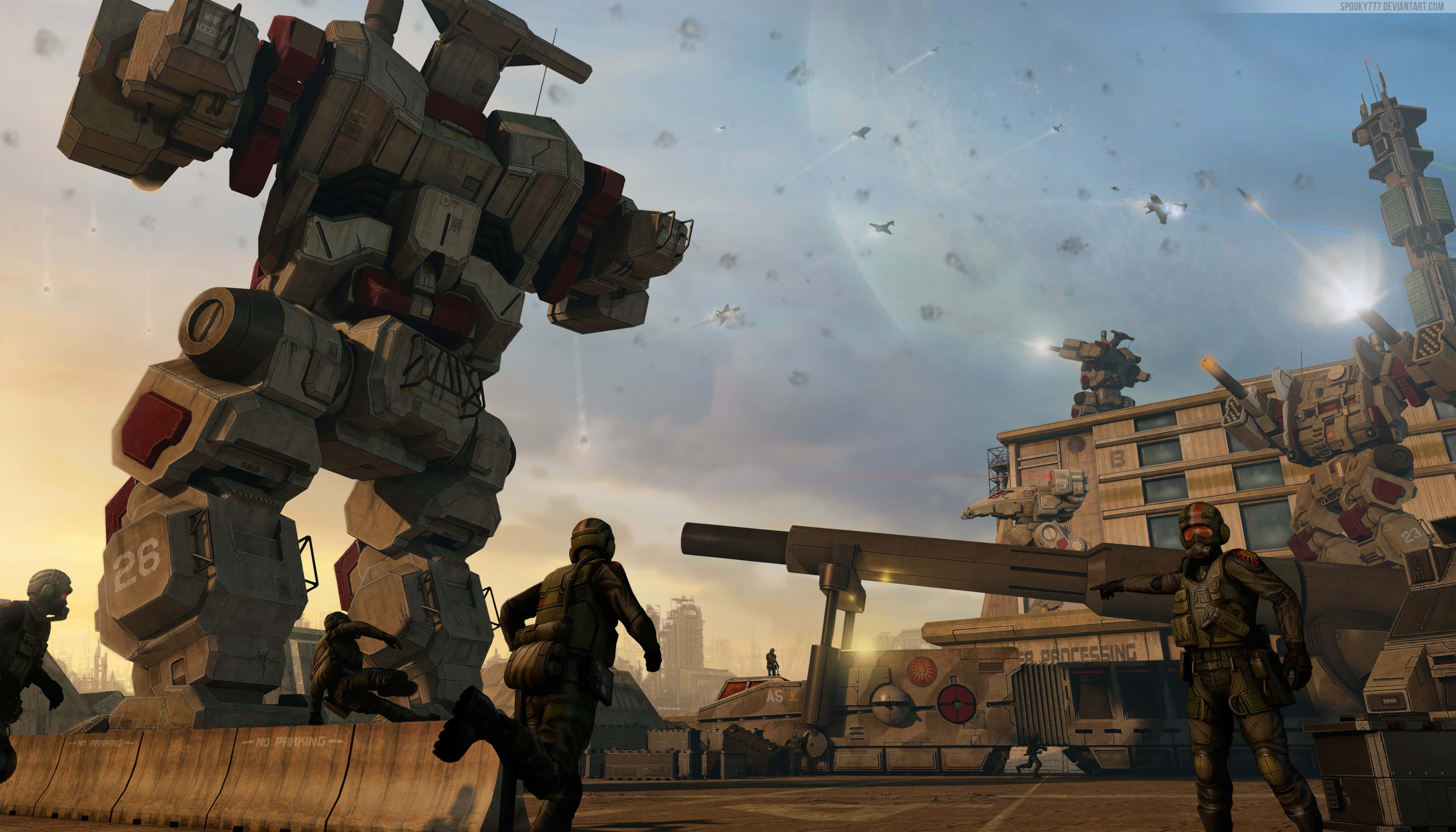 Battletech, battle mechs, war-torn cityscape, 4K Desktop Wallpaper