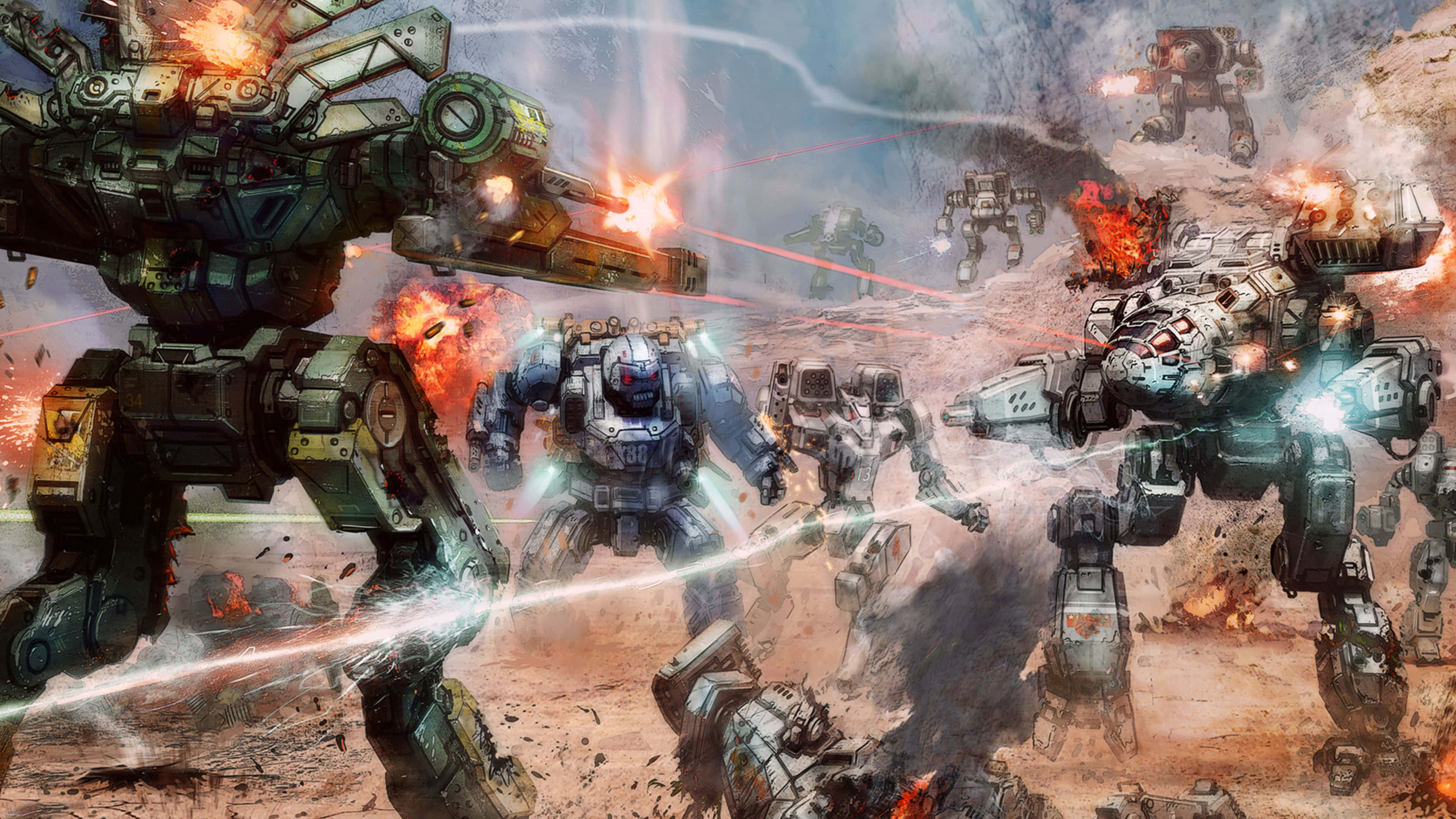 Battletech, battle mechs, fiery explosions, 4K Desktop Wallpaper