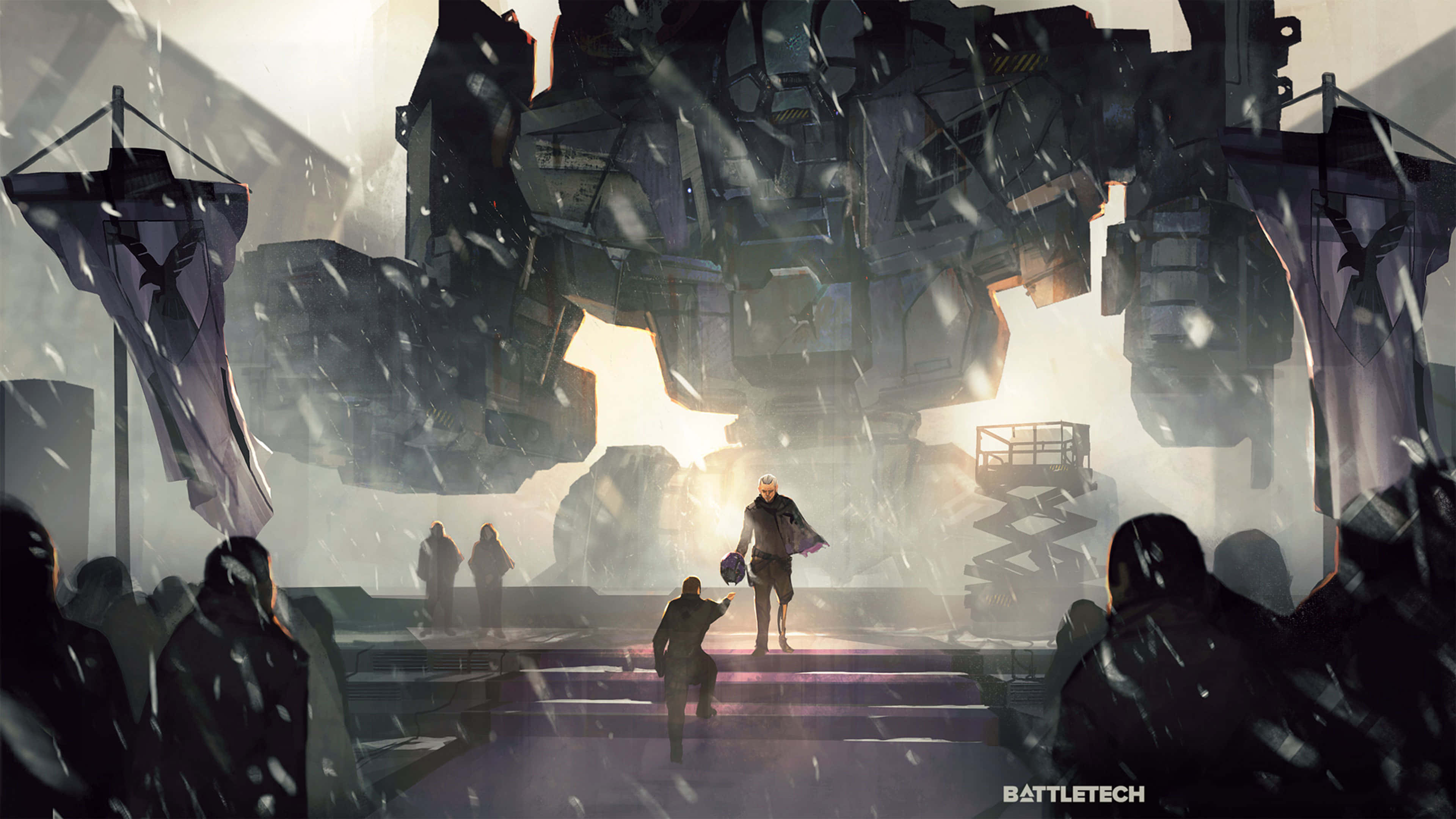 Battletech, mech, snowy industrial battlefield, 4K Desktop Wallpaper