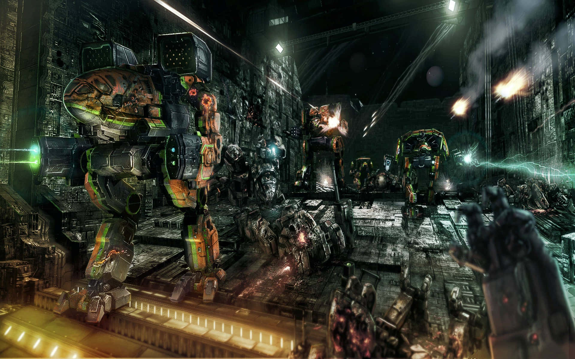 Battletech, giant biomechanical war machines, rain-slicked neon-lit urban battlefield, Full HD Desktop Wallpaper