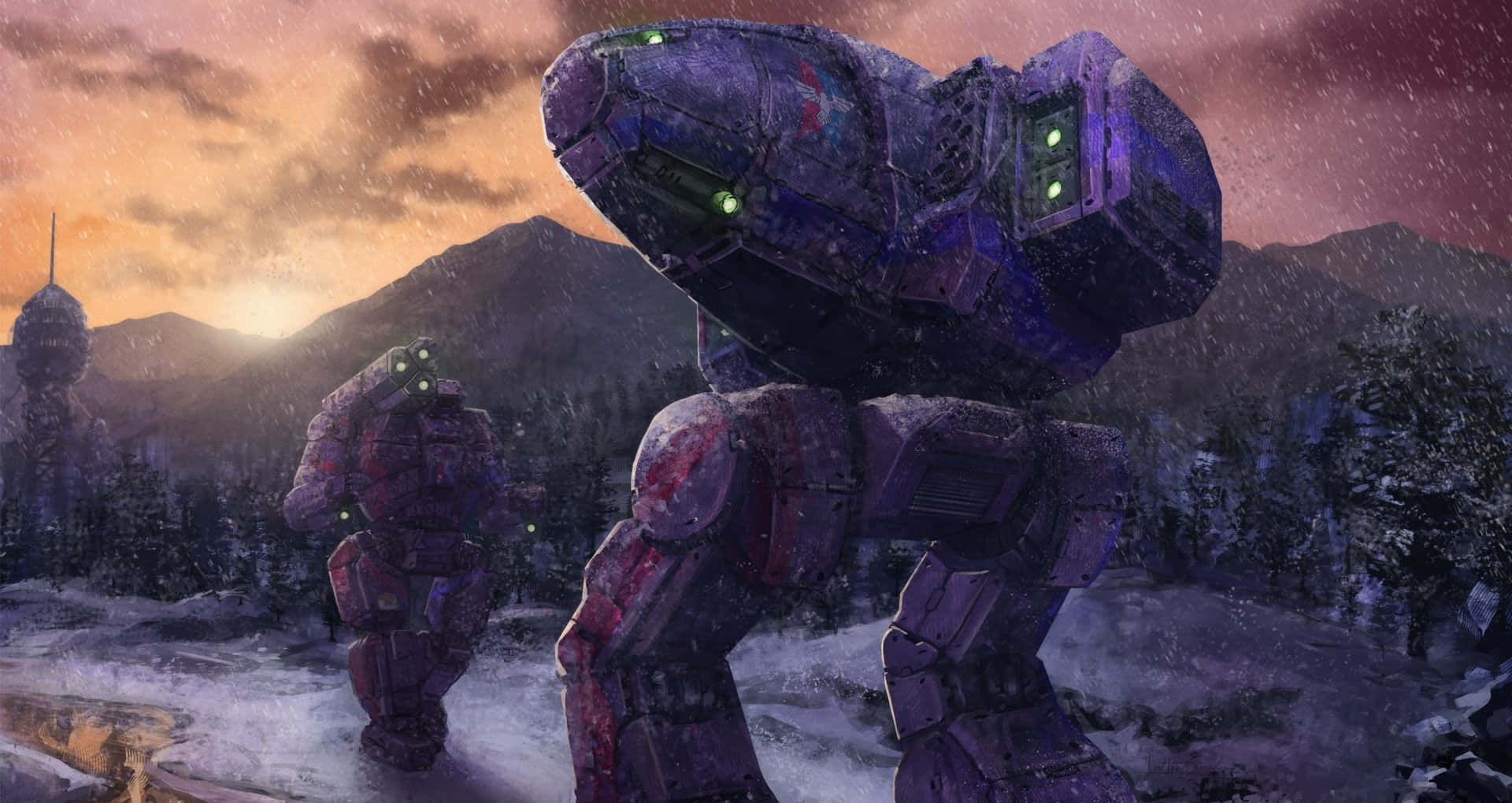 Battletech, purple battle mechs, snowy mountain landscape, Full HD Desktop Wallpaper