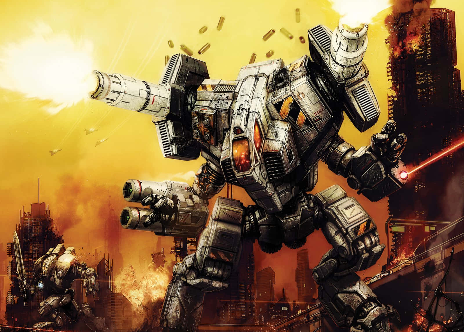 Battletech, futuristic mechs, burning cityscape, HD Desktop Wallpaper