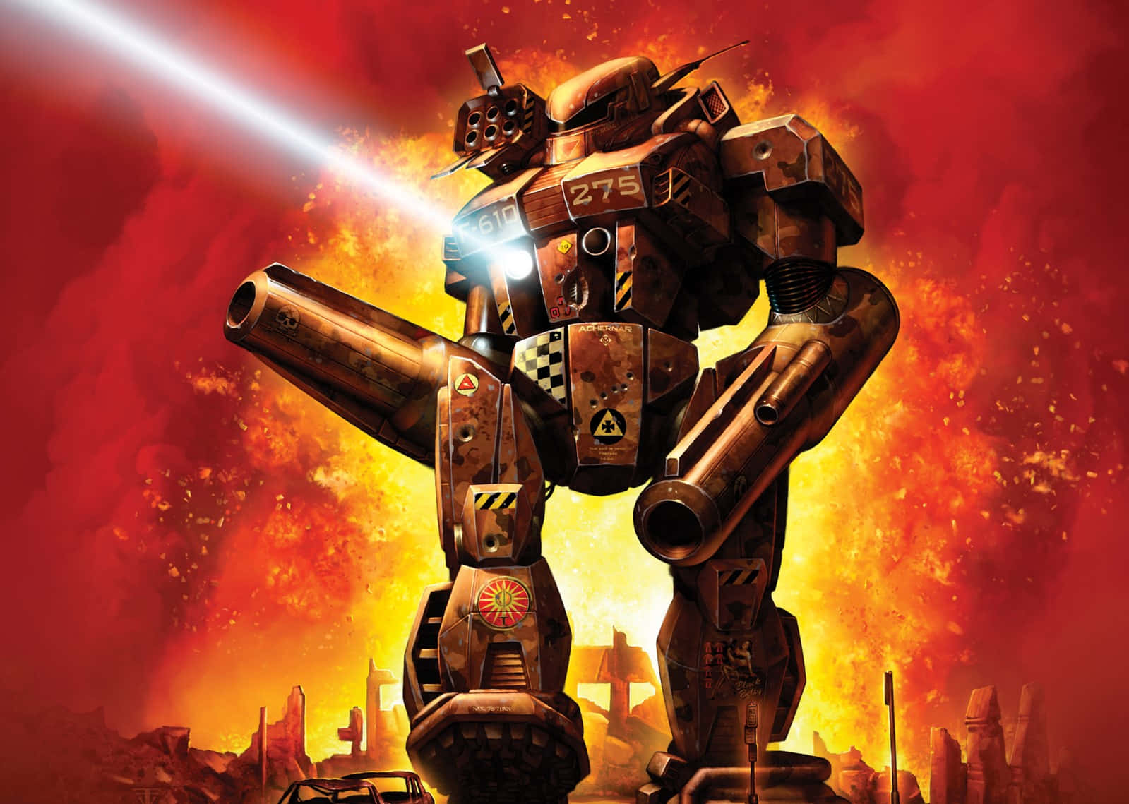 Battletech, battle mech, fiery orange and red sky, HD Desktop Wallpaper