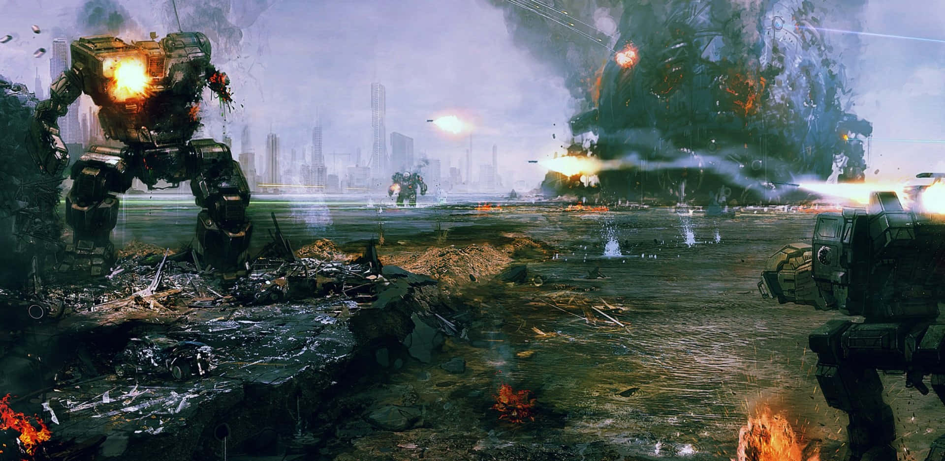 Battletech, giant war machines, ruined cityscape, Full HD Desktop Wallpaper