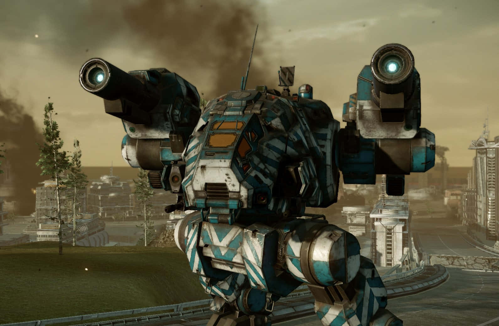 Battletech, blue and white armored mech, war-torn cityscape, HD Desktop Wallpaper