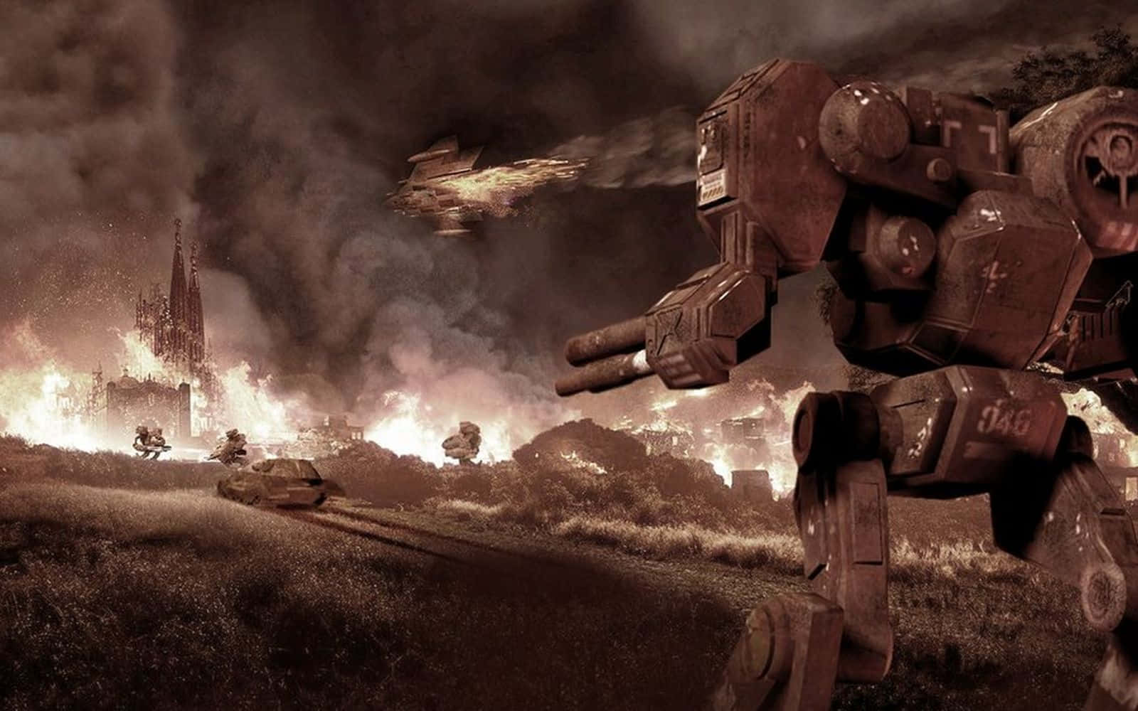 Battletech, battle mech, burning battlefield, HD Desktop Wallpaper