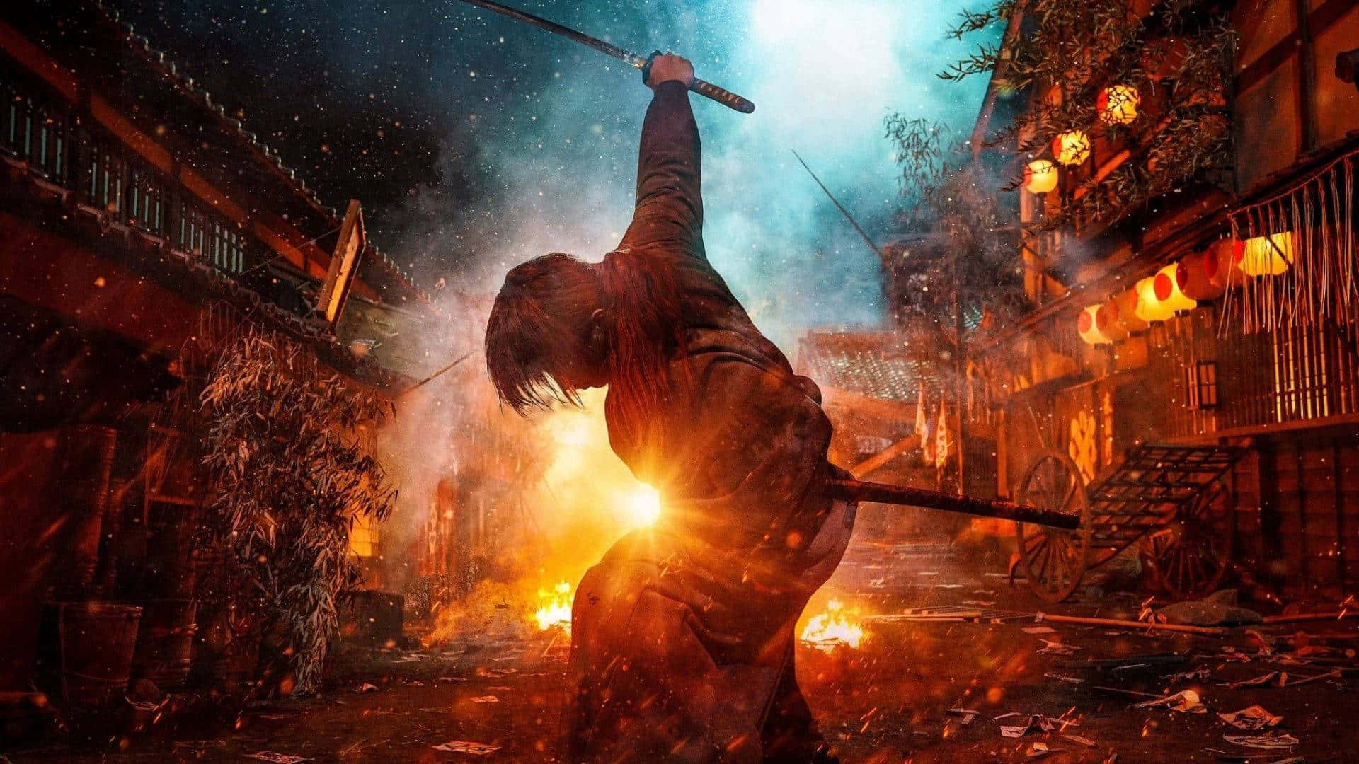 Battousai, fiery night street, traditional Japanese town, Full HD Desktop Wallpaper