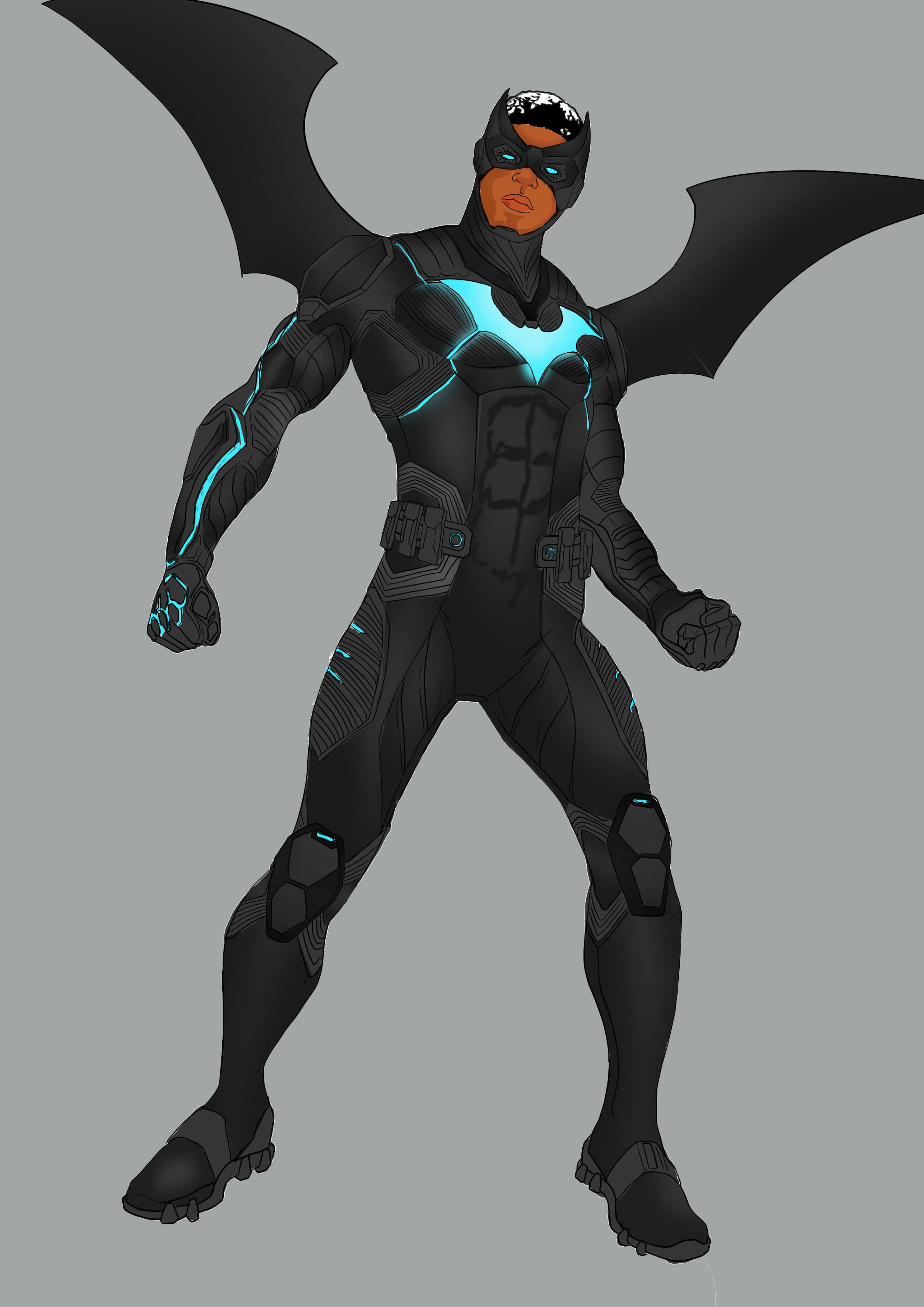 Batwing, black armored suit, glowing blue accents, 4K Phone Wallpaper