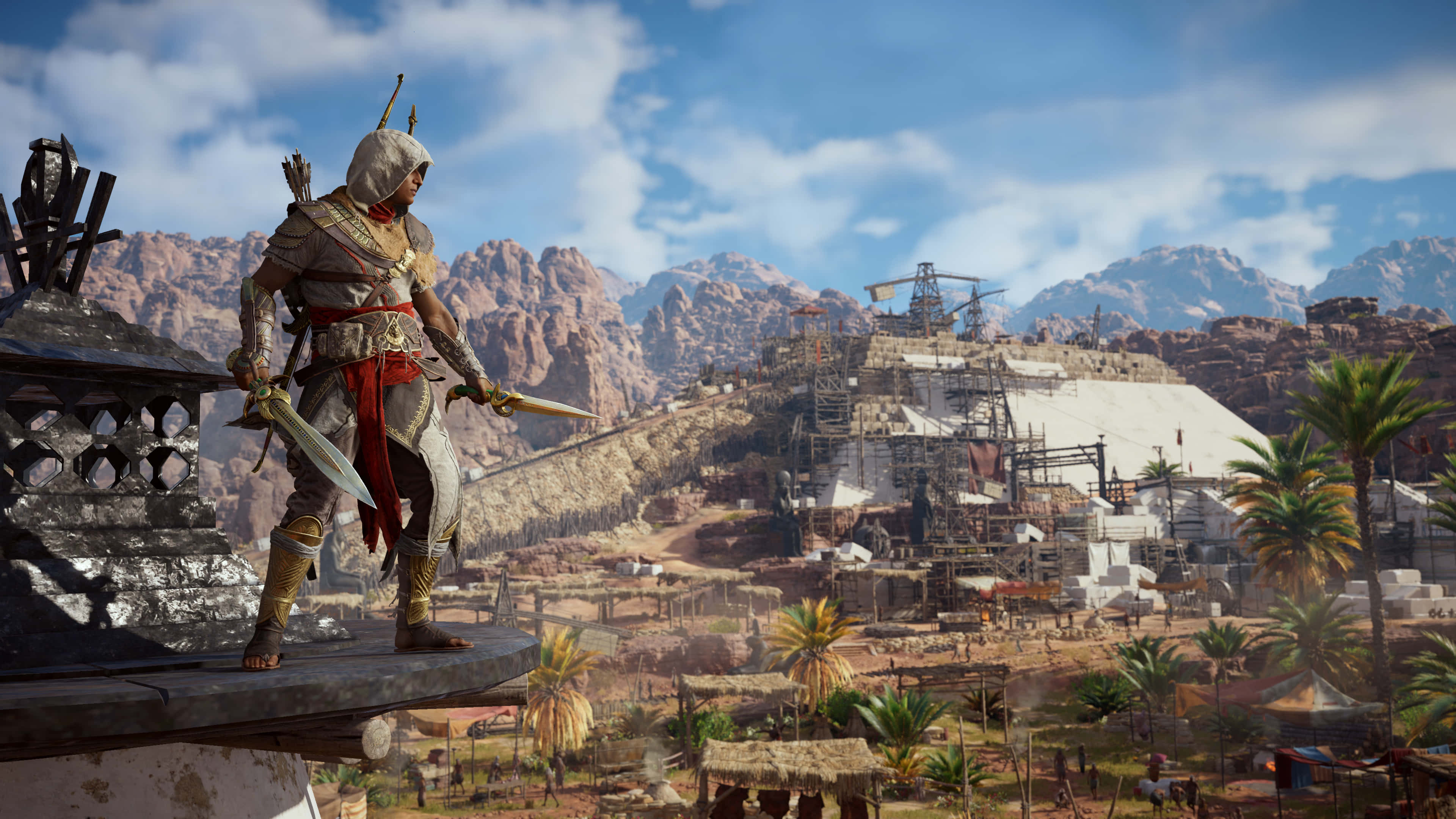 Bayek, white hood, red sash, 4K Desktop Wallpaper