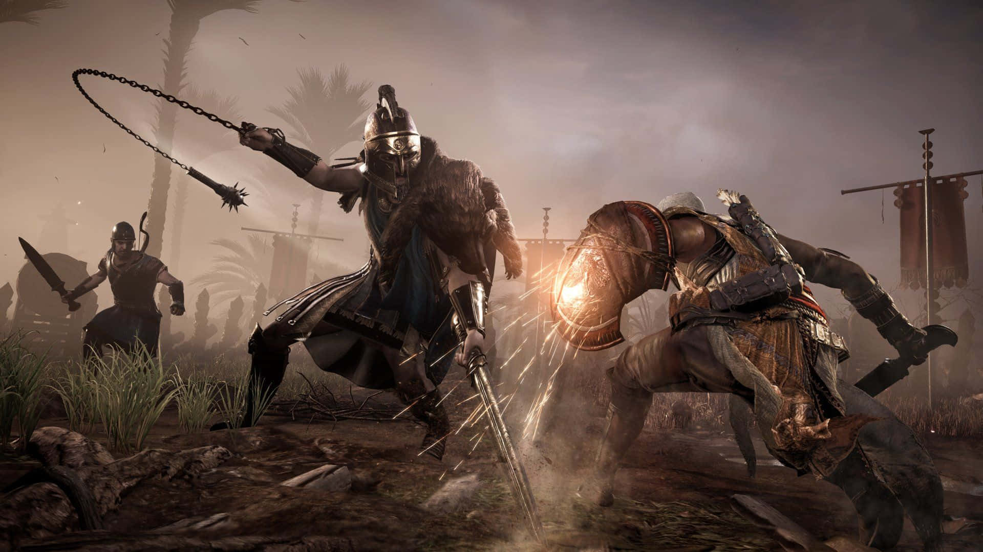 Bayek, 1920 x 1080, dusty battlefield, Full HD Desktop Wallpaper