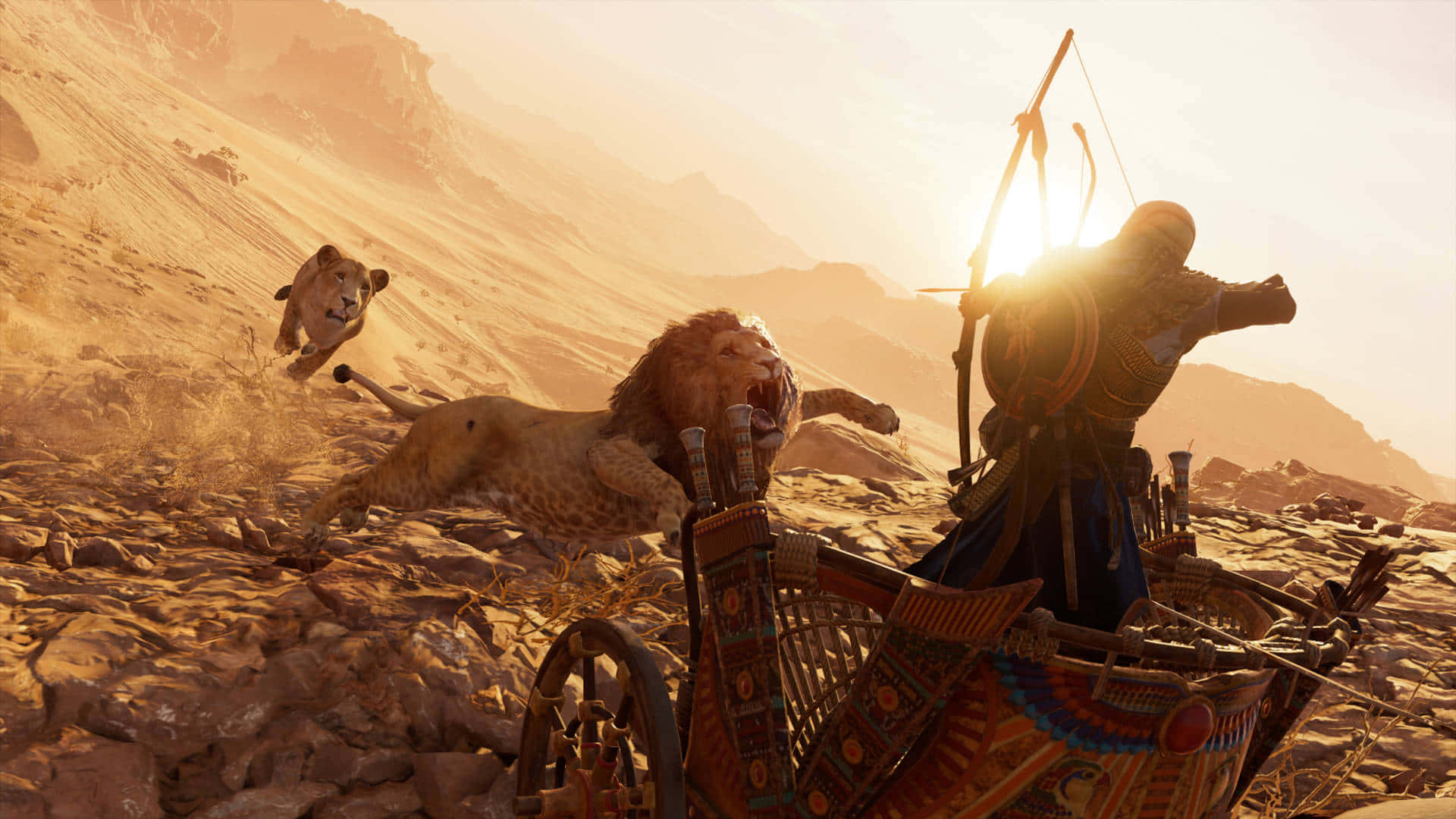 Bayek, ornate chariot, roaring lions, Full HD Desktop Wallpaper