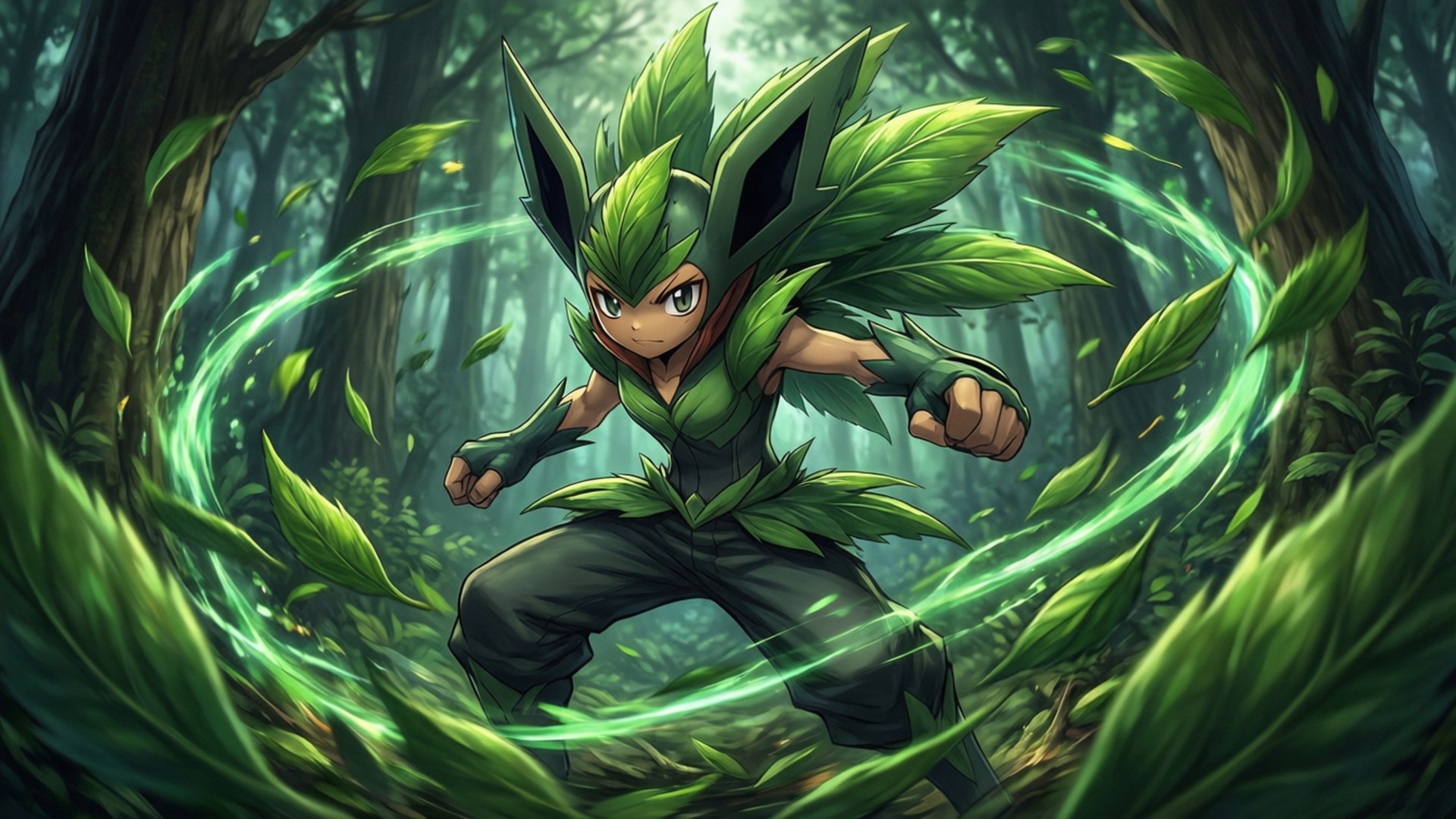 Razor Leaf, Bayleef, anime character, Full HD Desktop Wallpaper