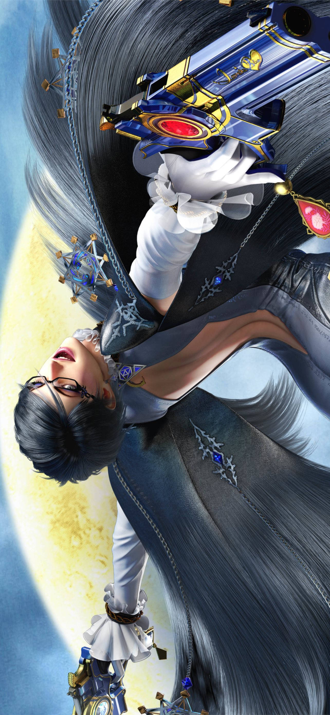 Bayonetta, long dark hair, glowing blue and gold gun, 2K Phone Wallpaper