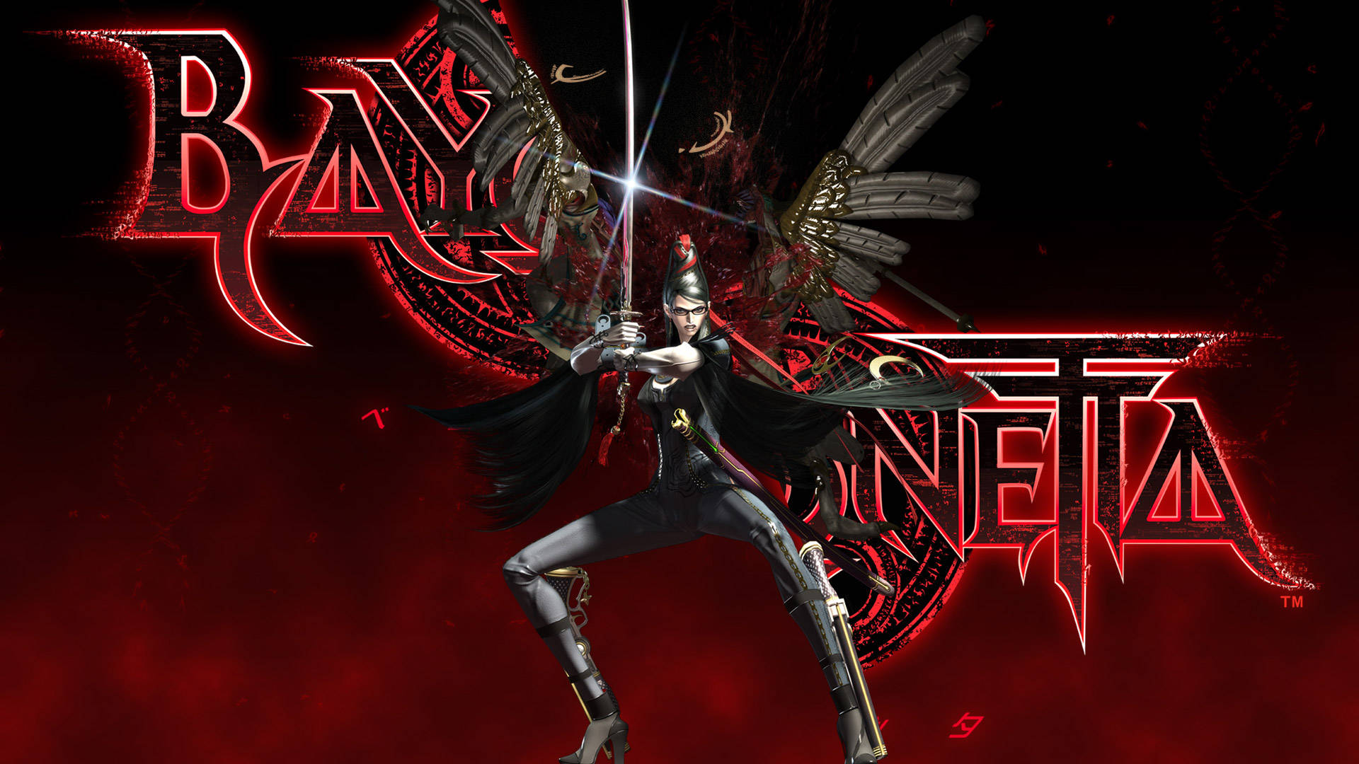 Bayonetta, black armor, glowing sword, Full HD Desktop Wallpaper