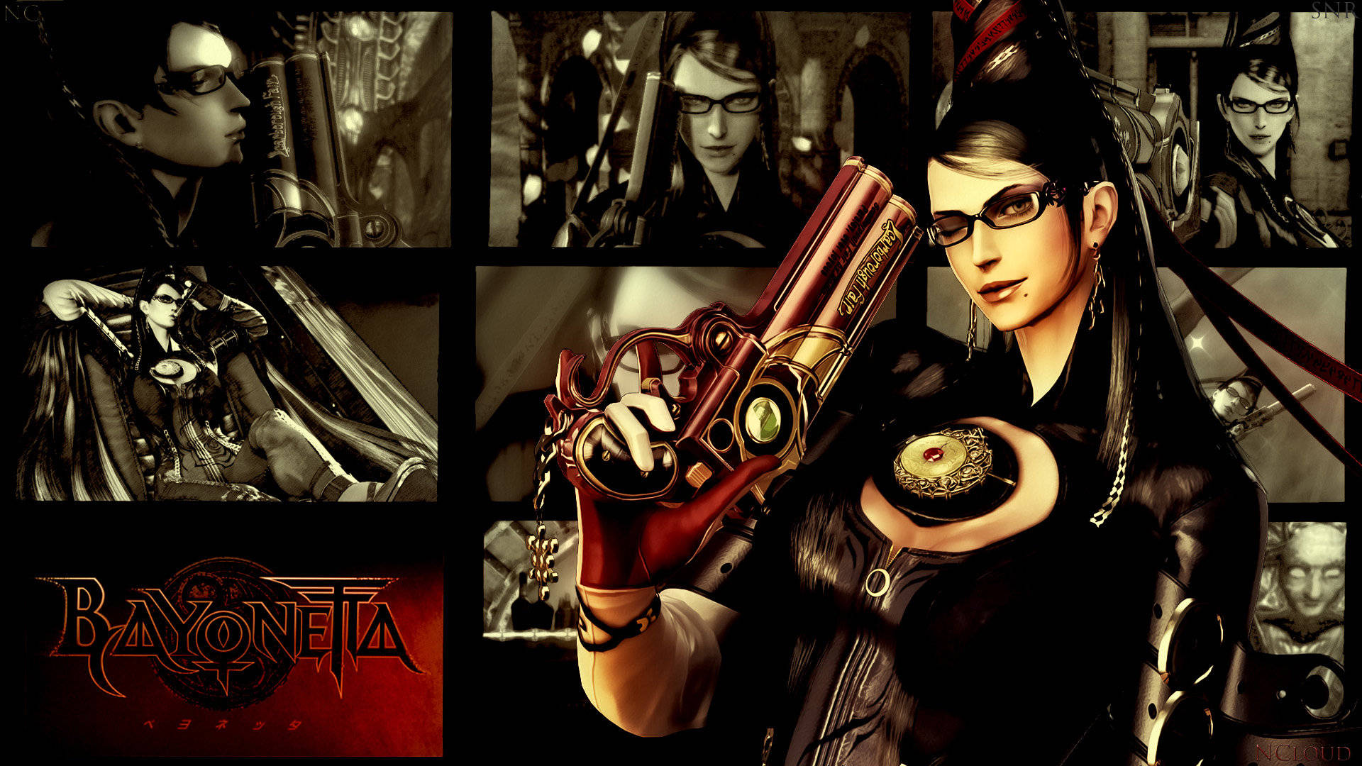 Bayonetta, ornate guns, dark gothic backdrops, Full HD Desktop Wallpaper