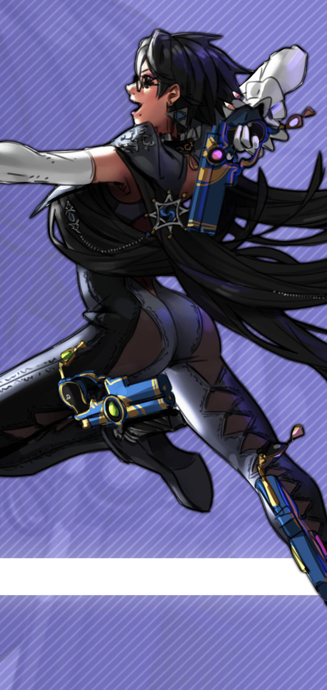 Bayonetta, purple striped background, long black hair, Full HD Phone Wallpaper