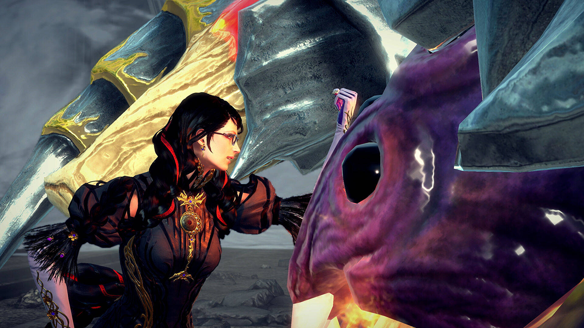 Bayonetta, black armor, purple dragon, Full HD Desktop Wallpaper