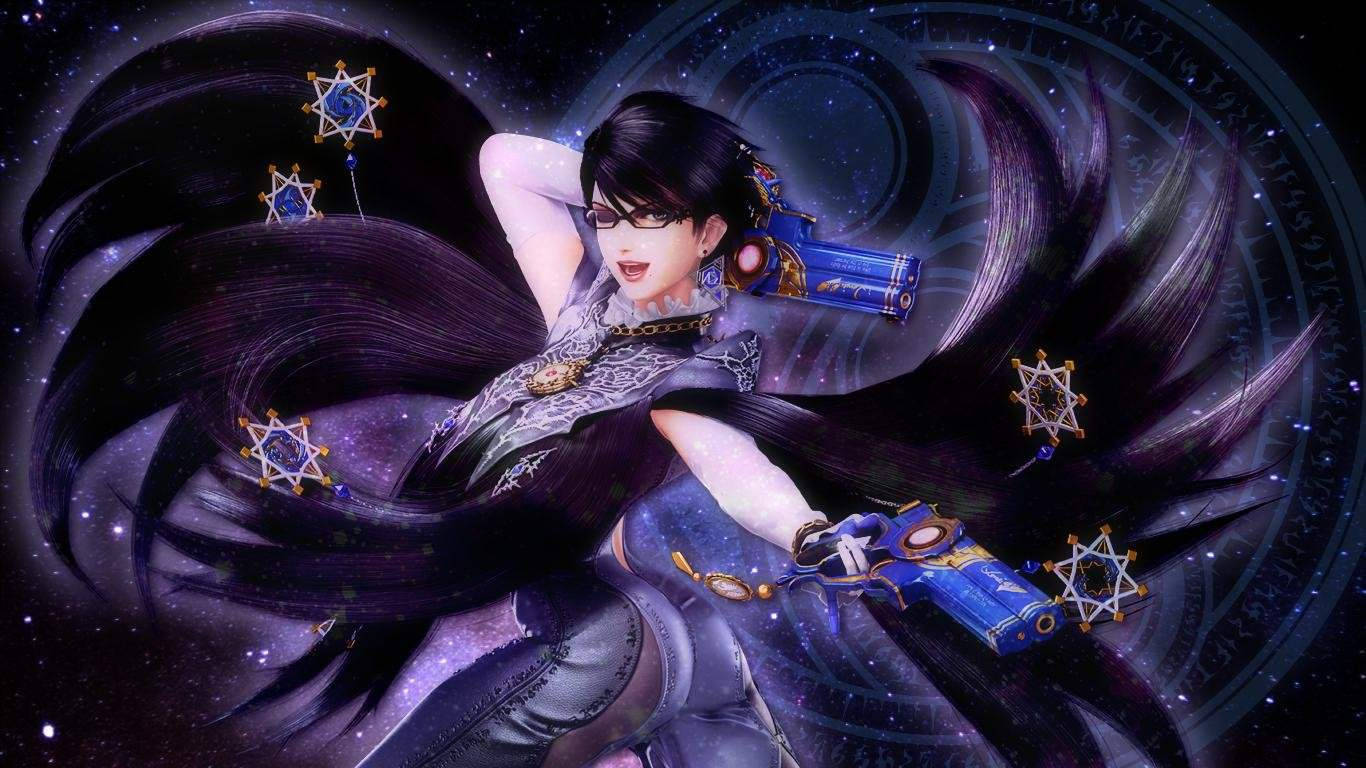 Bayonetta, star-shaped accessories, cosmic starry background, HD Desktop Wallpaper
