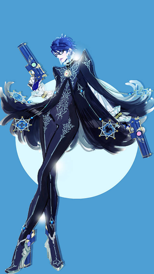 Bayonetta, blue hair, star-themed guns, SD Phone Wallpaper