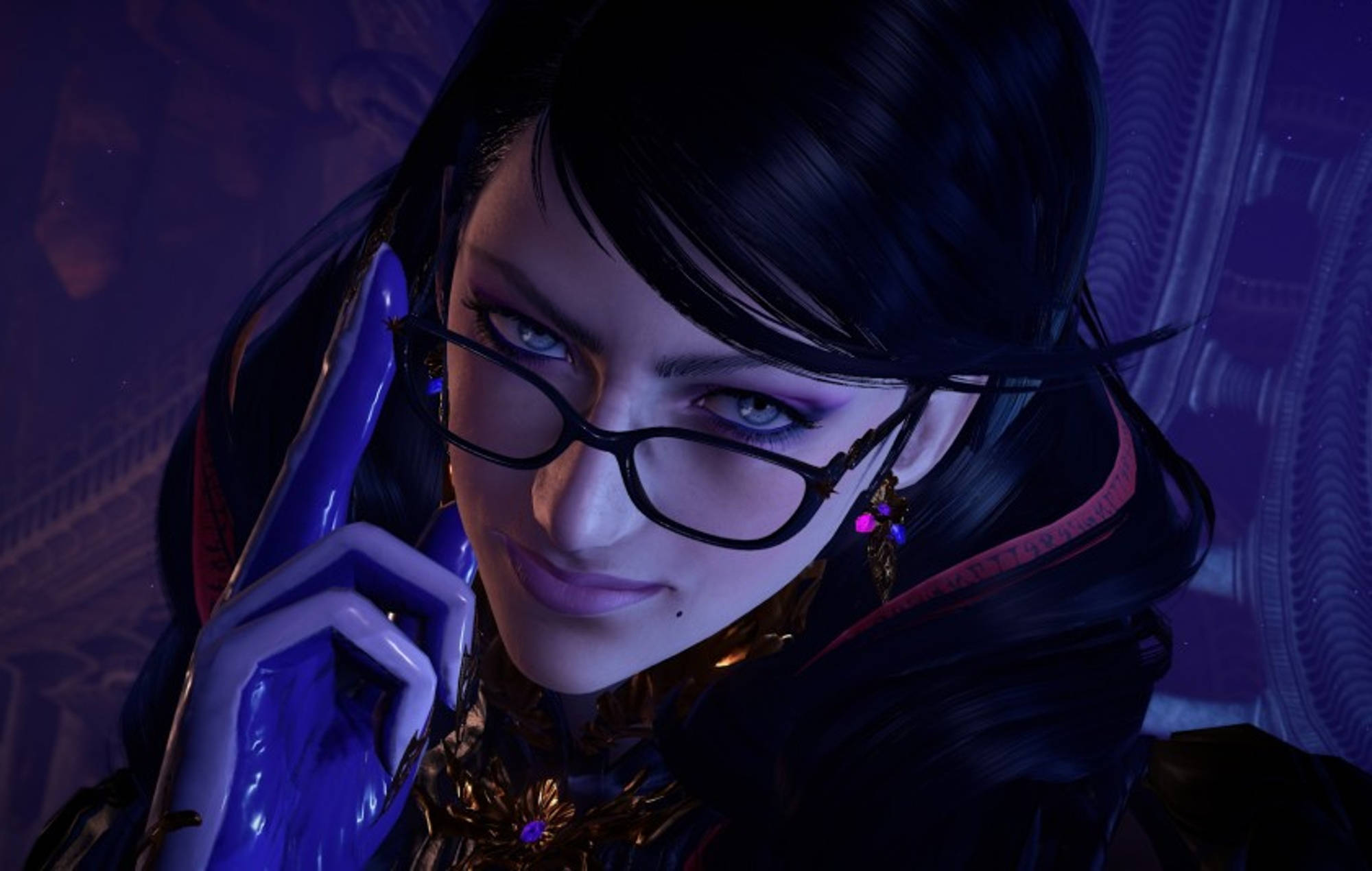 Bayonetta, glowing blue phone, purple-lit room, Full HD Desktop Wallpaper