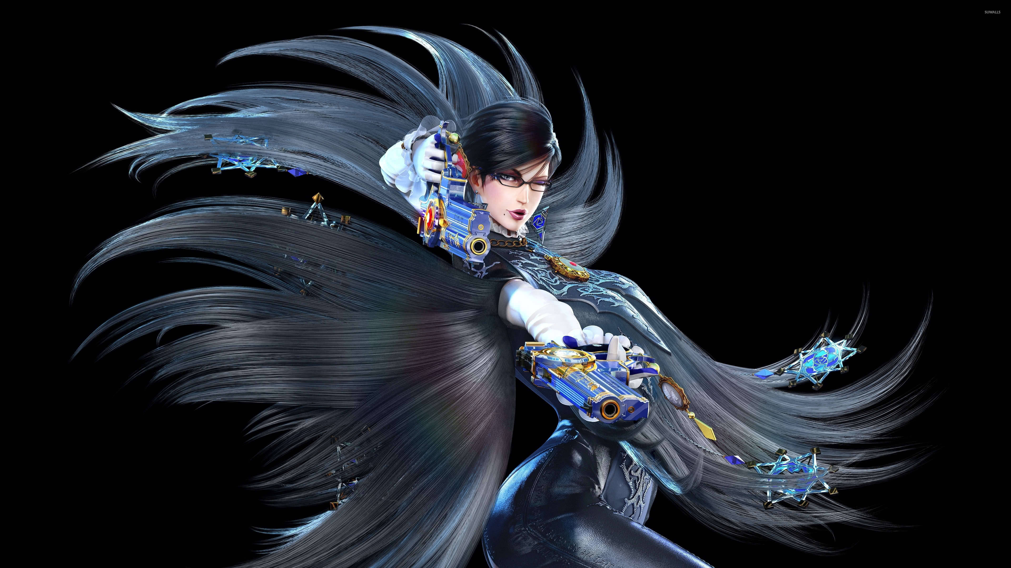 Bayonetta, black hair, futuristic blue guns, 4K Desktop Wallpaper