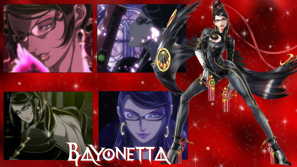 Bayonetta, black leather outfit, sparkling red background, SD Desktop Wallpaper