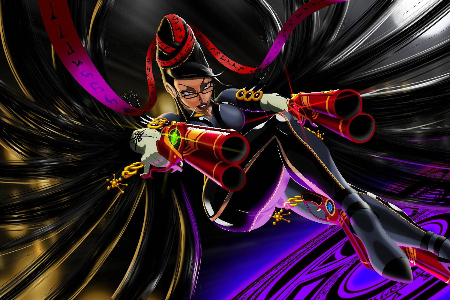 Bayonetta, dual cannons, black and gold background, HD Desktop Wallpaper