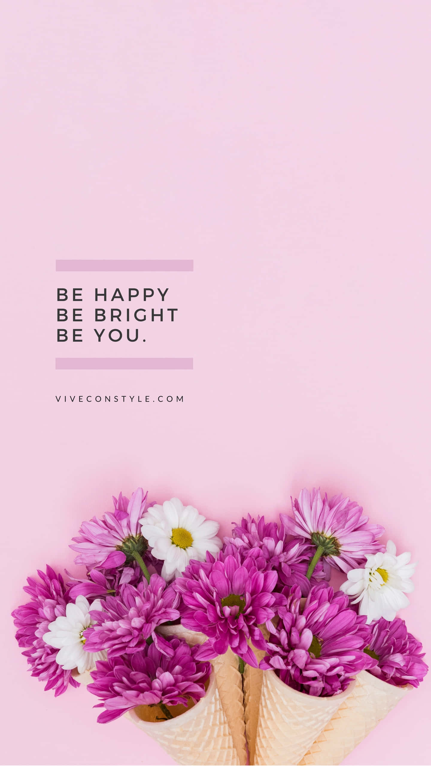 Be Happy, pink background, vibrant purple flowers, 2K Phone Wallpaper