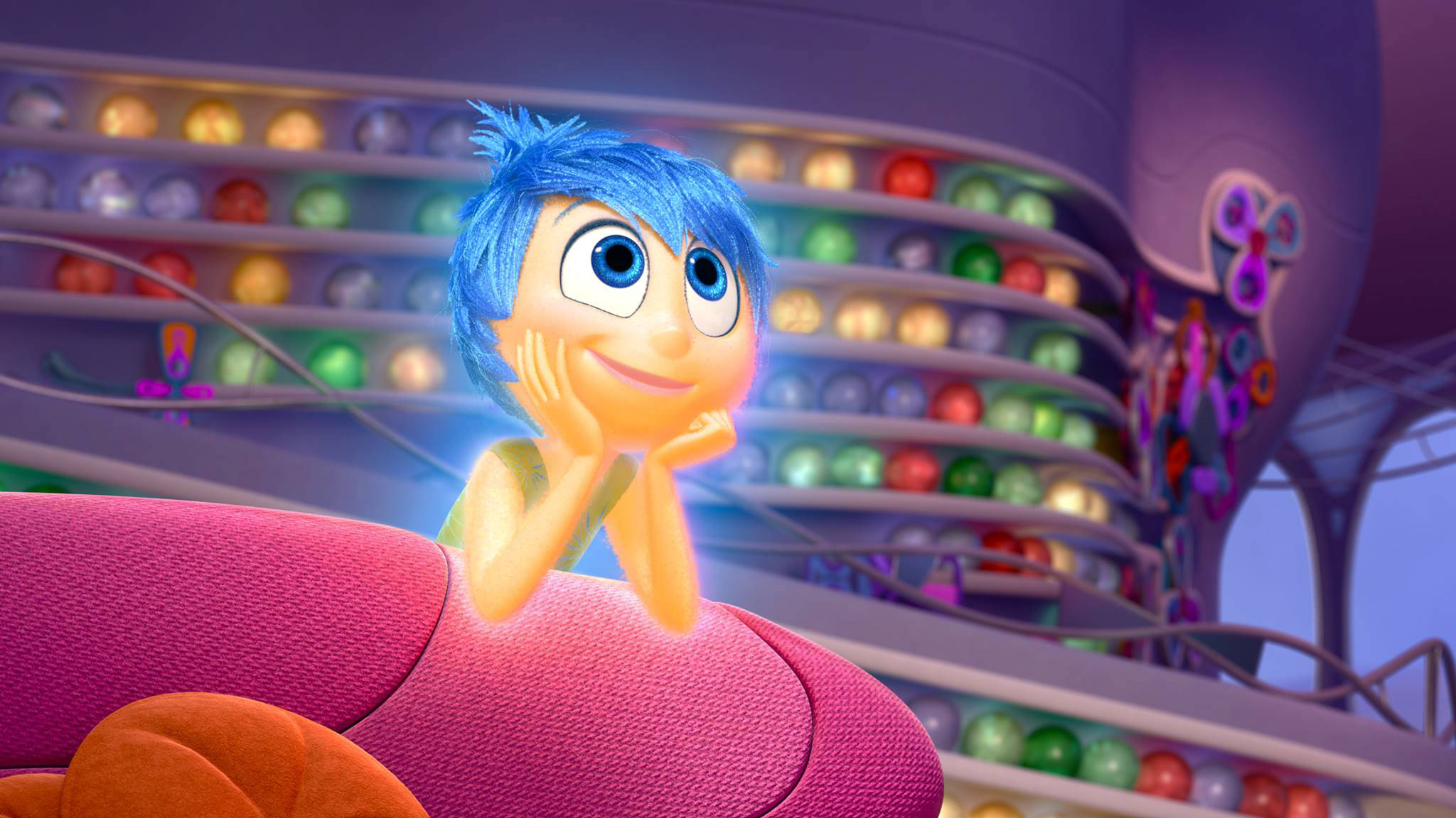 Happy Joy, blue-haired animated character, pink couch, Full HD Desktop Wallpaper