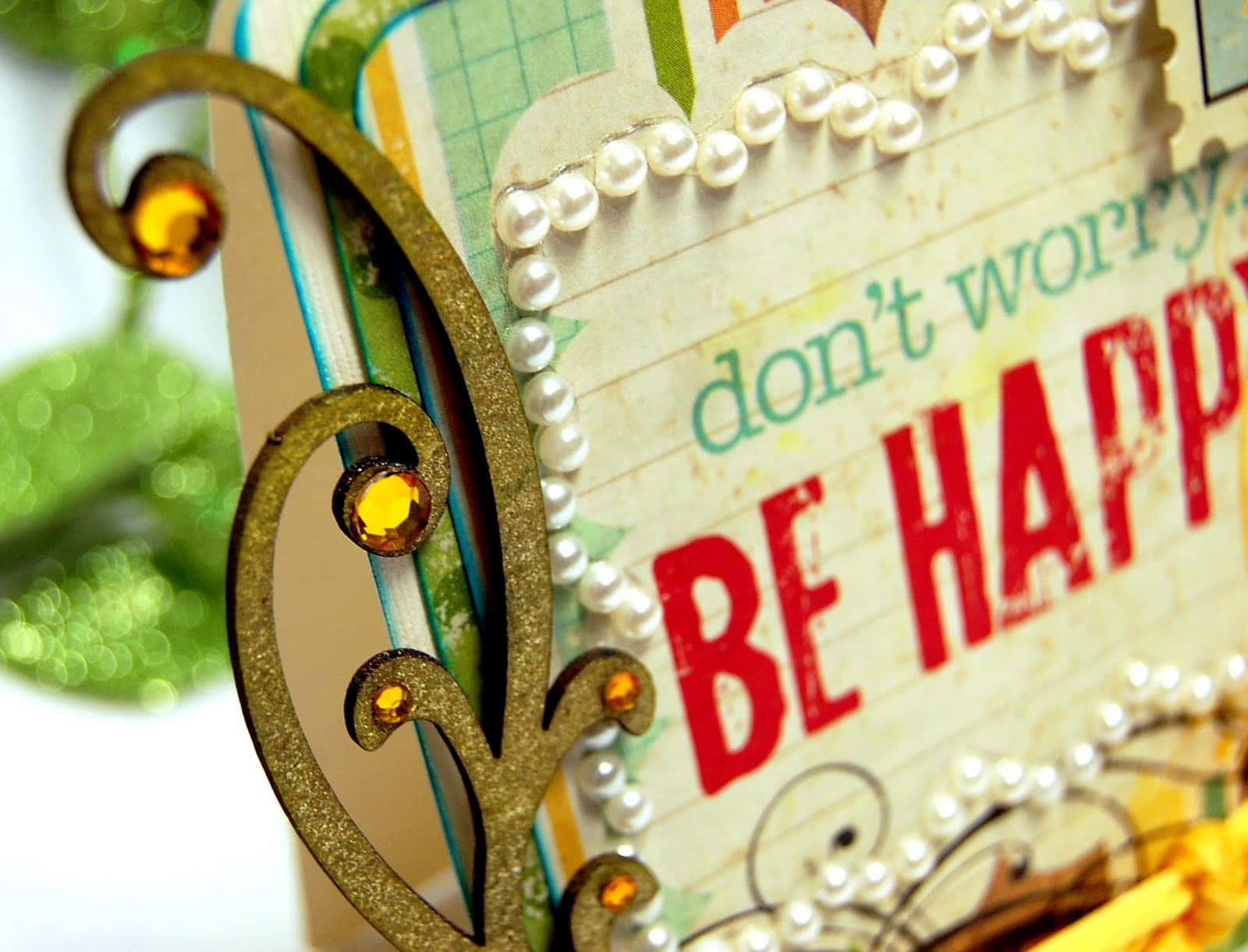 Don't Worry - Be Happy!, pearls, glittery gold swirls, HD Desktop Wallpaper