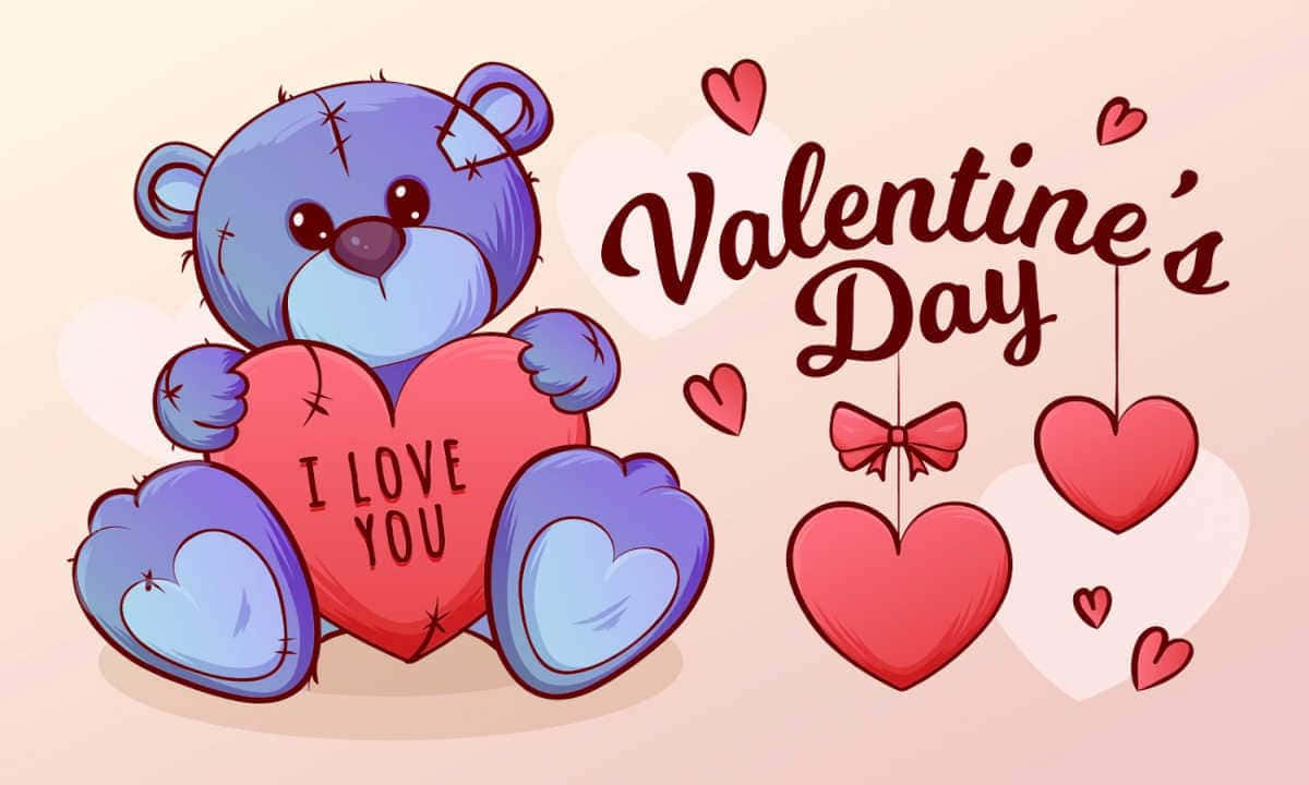 Happy Valentines Day, blue teddy bear, red heart, SD Desktop Wallpaper