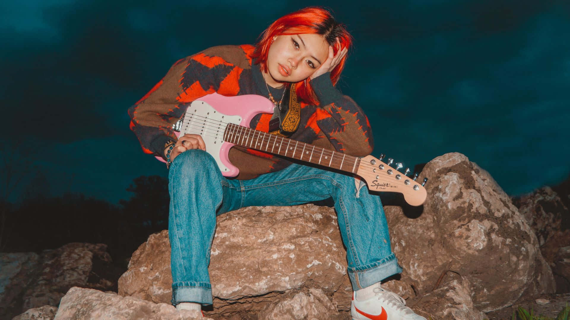 Beabadoobee, red hair, pink electric guitar, Full HD Desktop Wallpaper