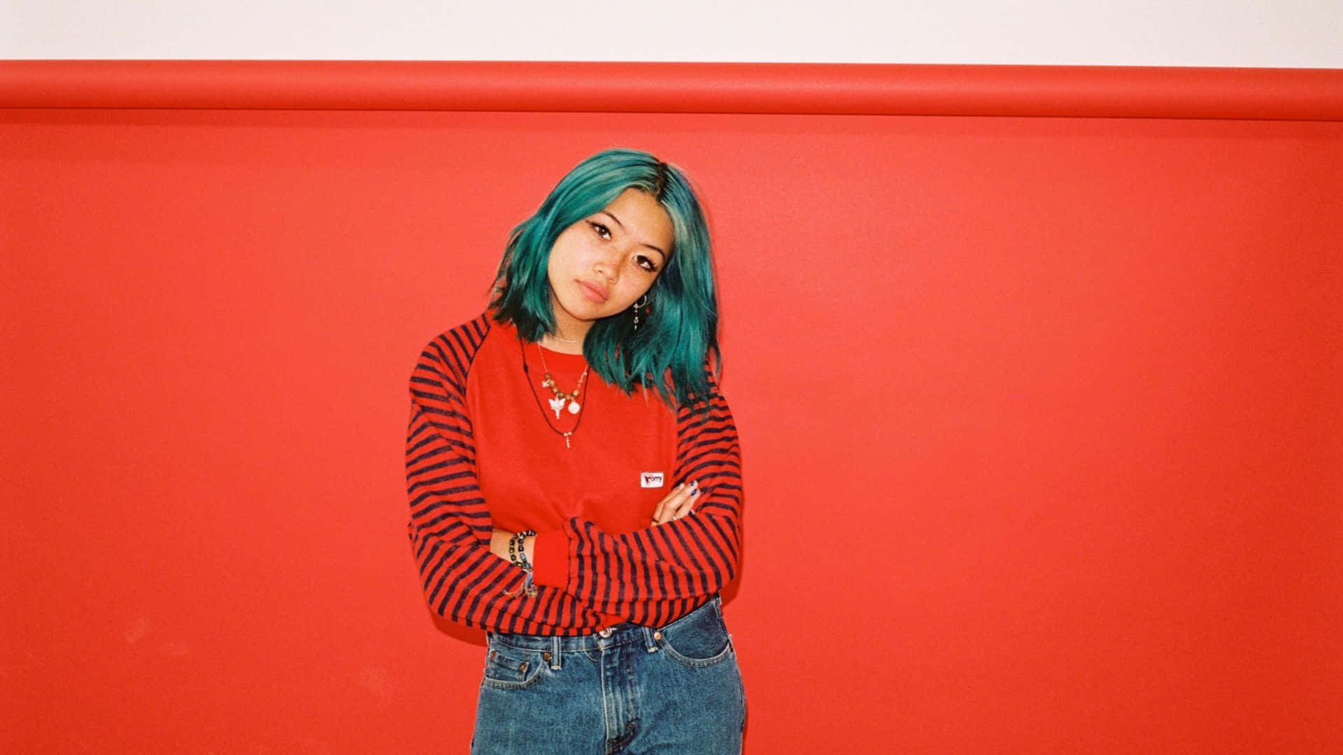 Beabadoobee, teal hair, bold red wall, Full HD Desktop Wallpaper