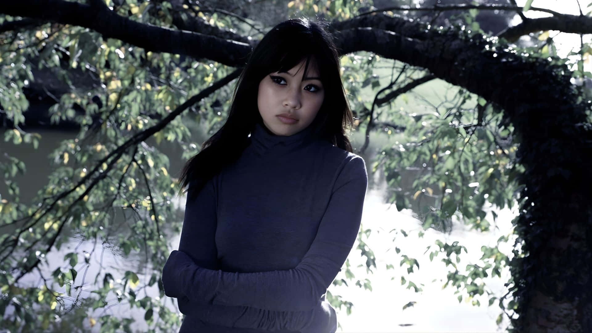 Beabadoobee, dark turtleneck, leafy tree branch, Full HD Desktop Wallpaper