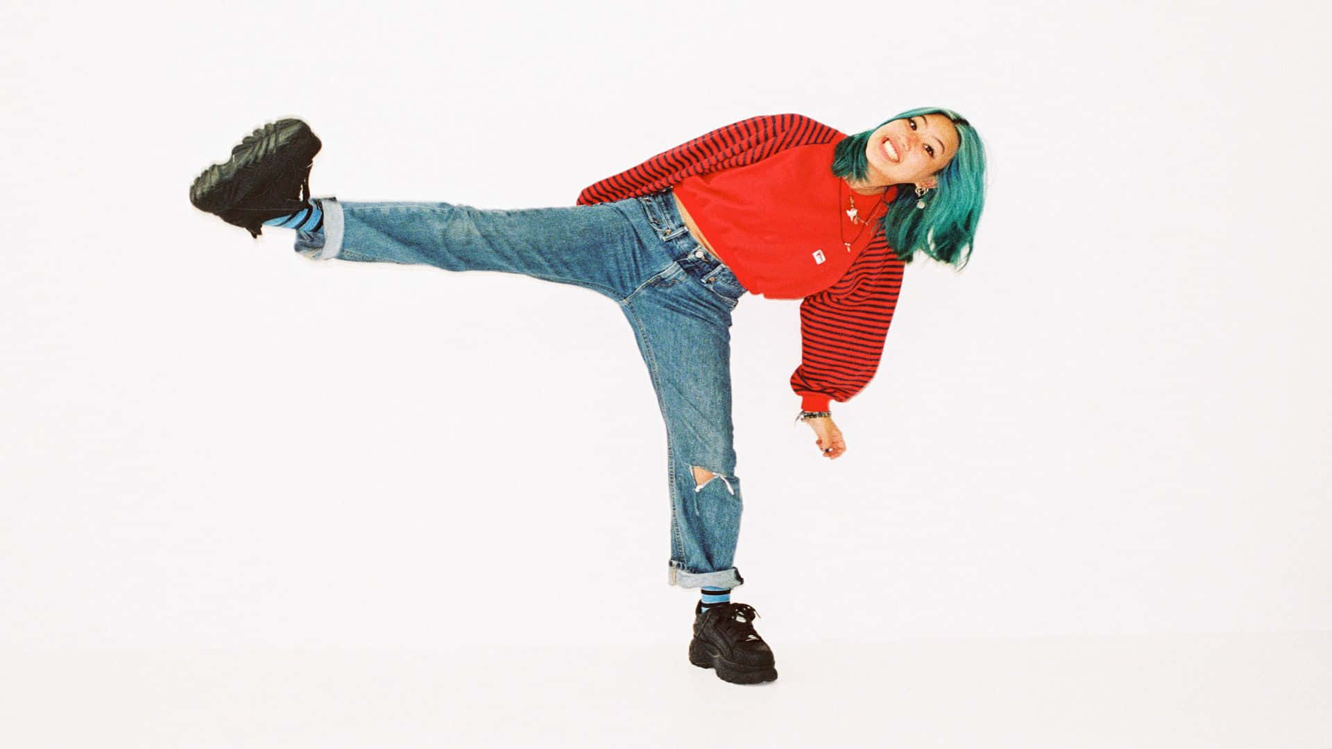 Beabadoobee, teal hair, red striped hoodie, Full HD Desktop Wallpaper