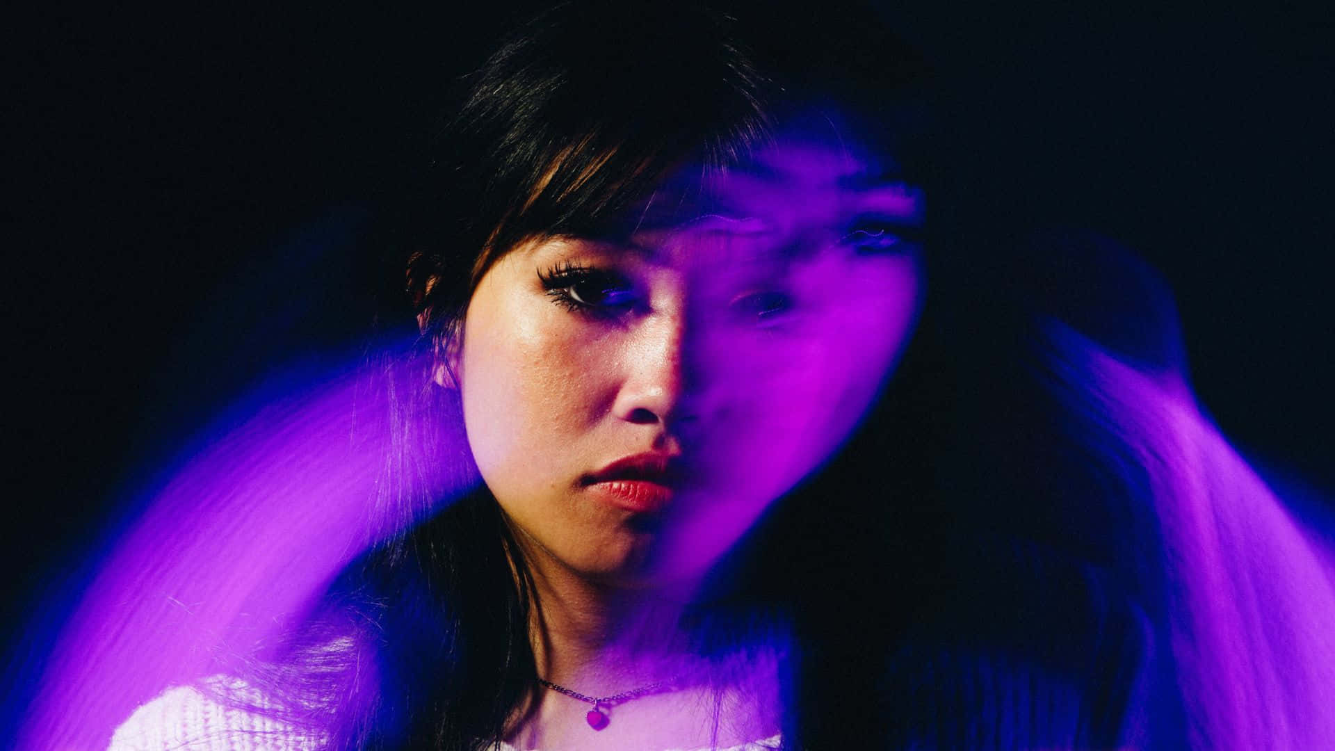 Beabadoobee, dark hair, vibrant purple light streaks, Full HD Desktop Wallpaper