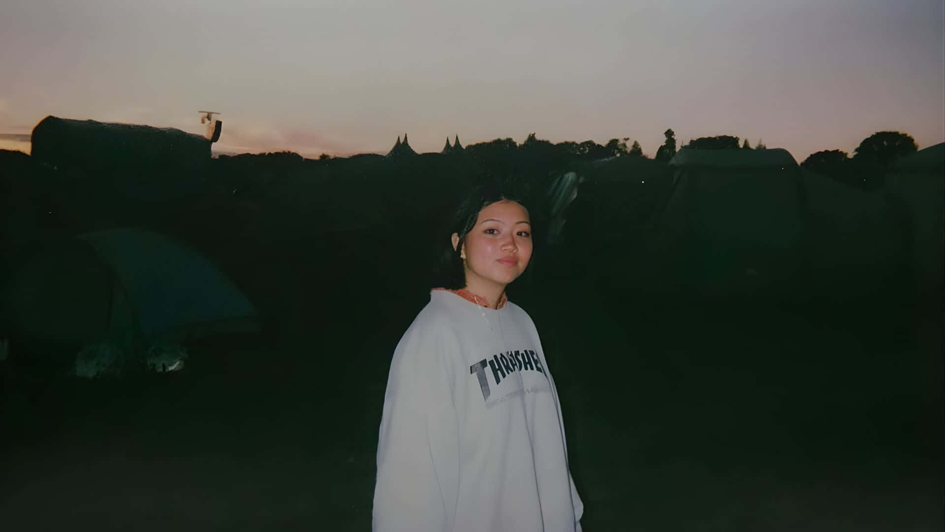 Beabadoobee, white sweatshirt, dimly lit campsite, Full HD Desktop Wallpaper