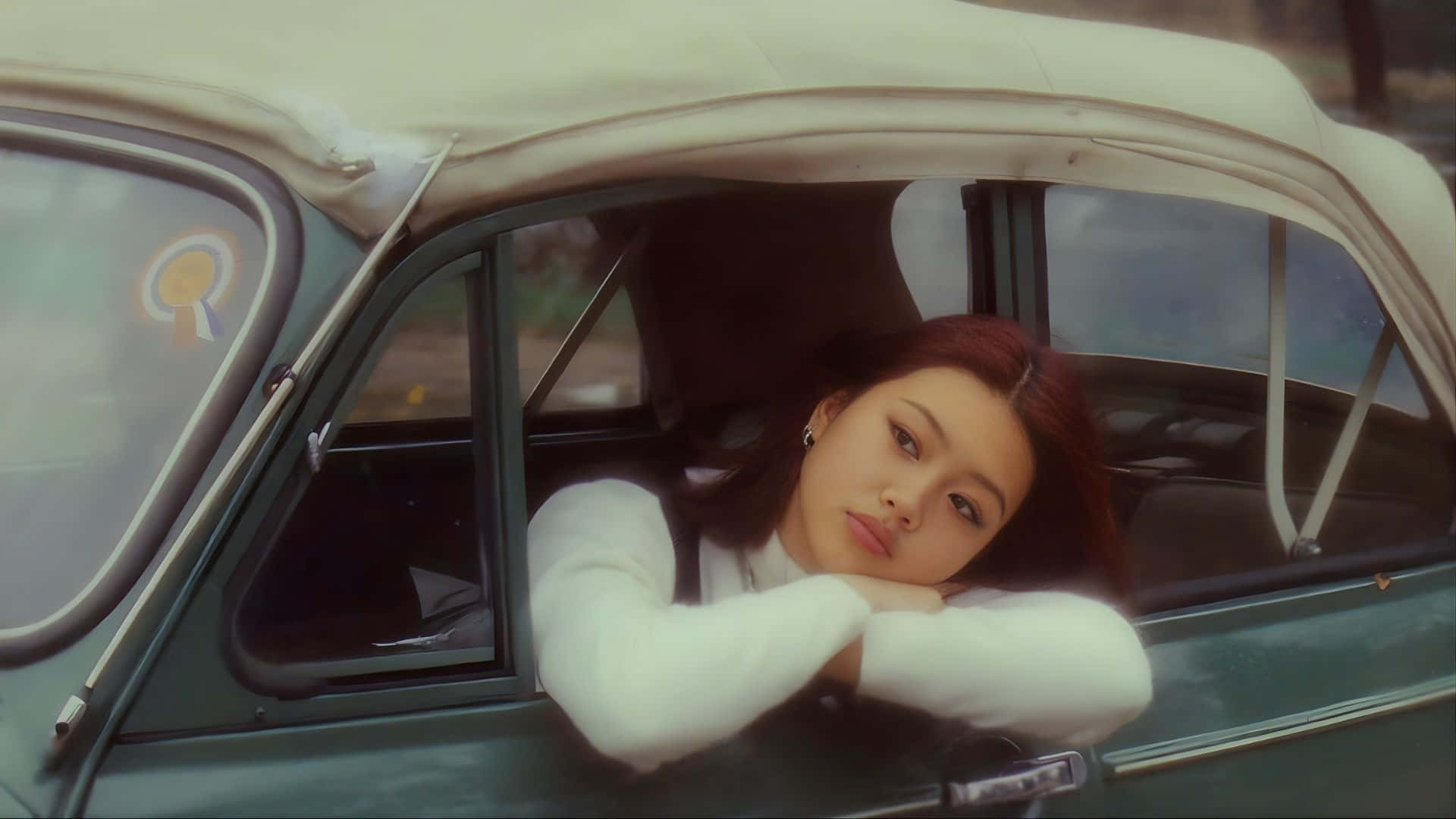 Beabadoobee, vintage green car, red hair, Full HD Desktop Wallpaper