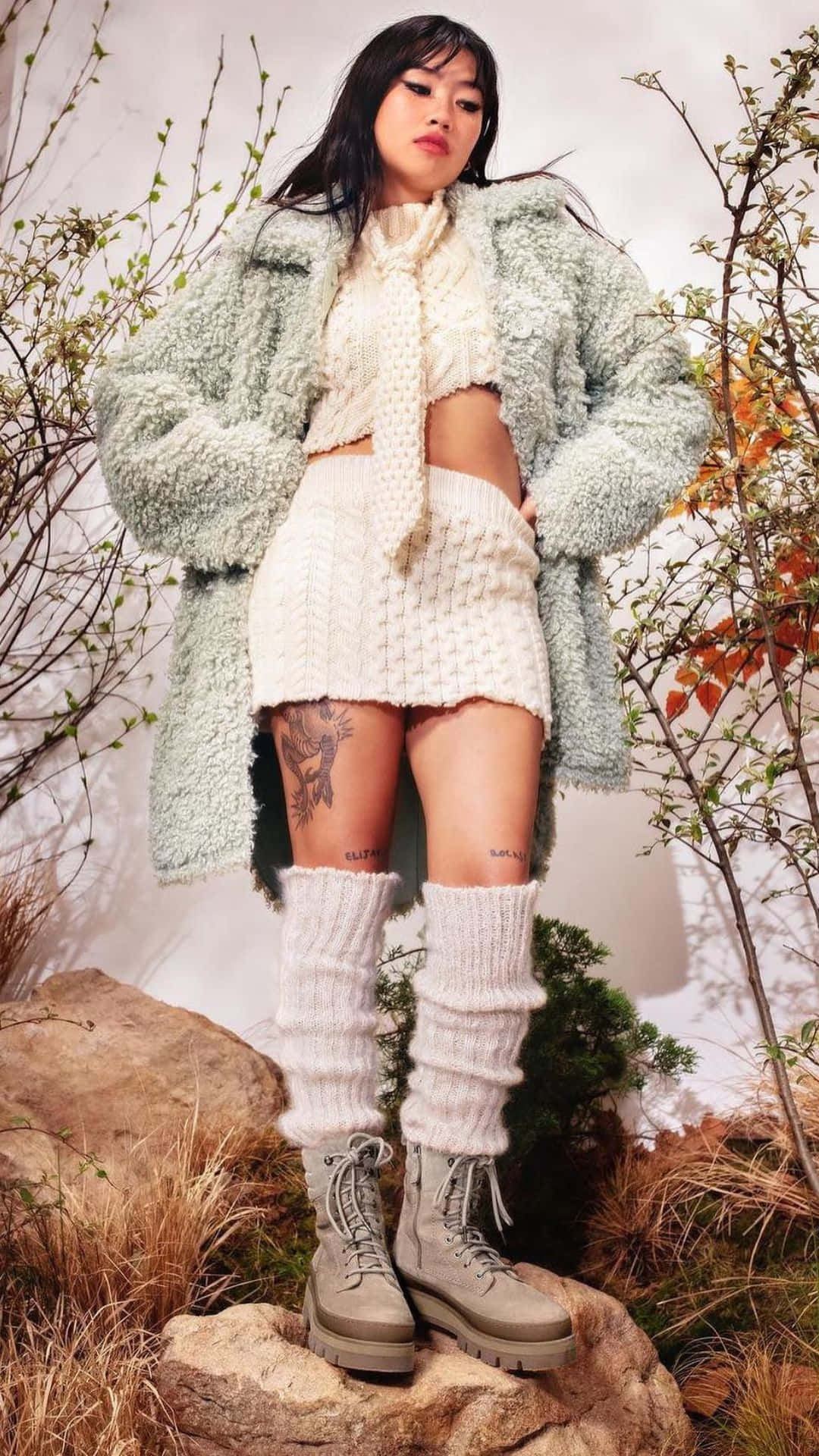 Beabadoobee, mint green fluffy coat, cream knit outfit, Full HD Phone Wallpaper