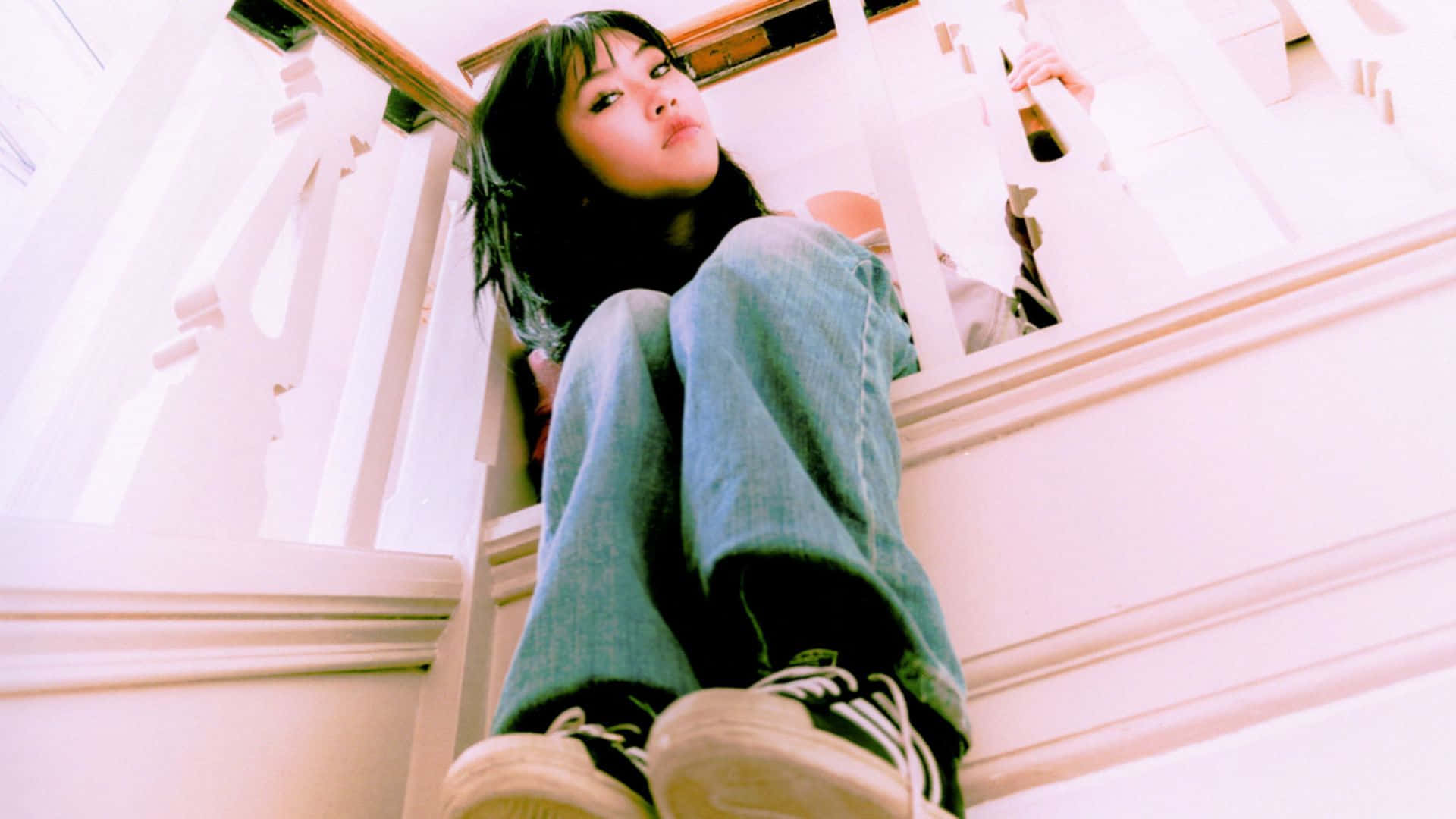 Beabadoobee, dark hair, white stairs, Full HD Desktop Wallpaper