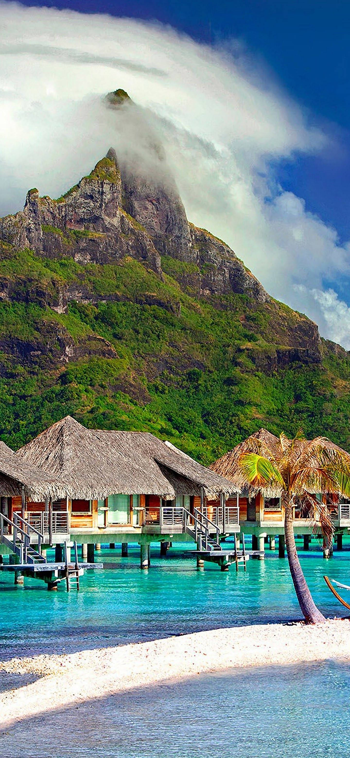 4K iPhone, huts on beach shore, thatched roofs, 2K Phone Wallpaper