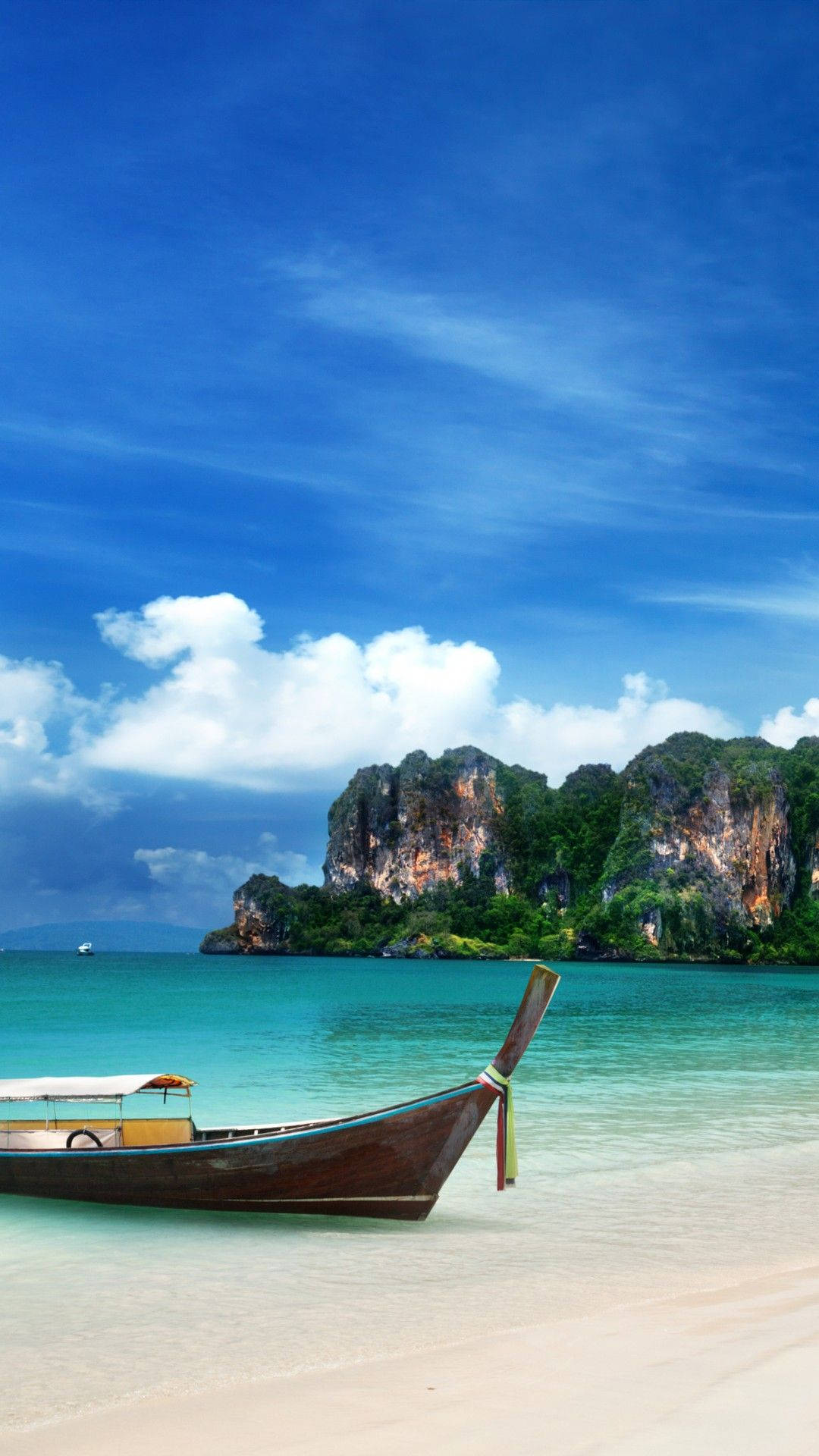 4K iPhone, wooden longtail boat, pristine white sand beach, Full HD Phone Wallpaper