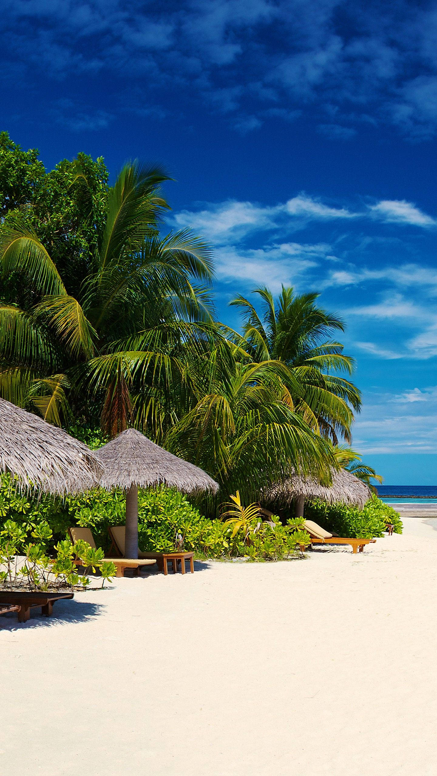 4K iPhone, nipa umbrellas, beach shore, 2K Phone Wallpaper