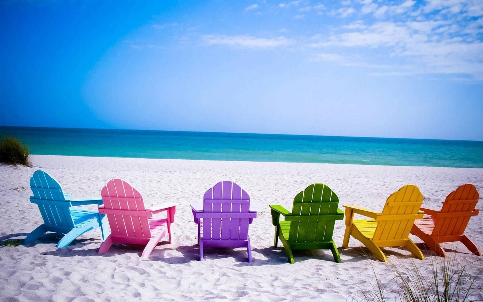 colorful beach chairs, rainbow Adirondack chairs, pristine white sandy beach, HD Desktop Wallpaper