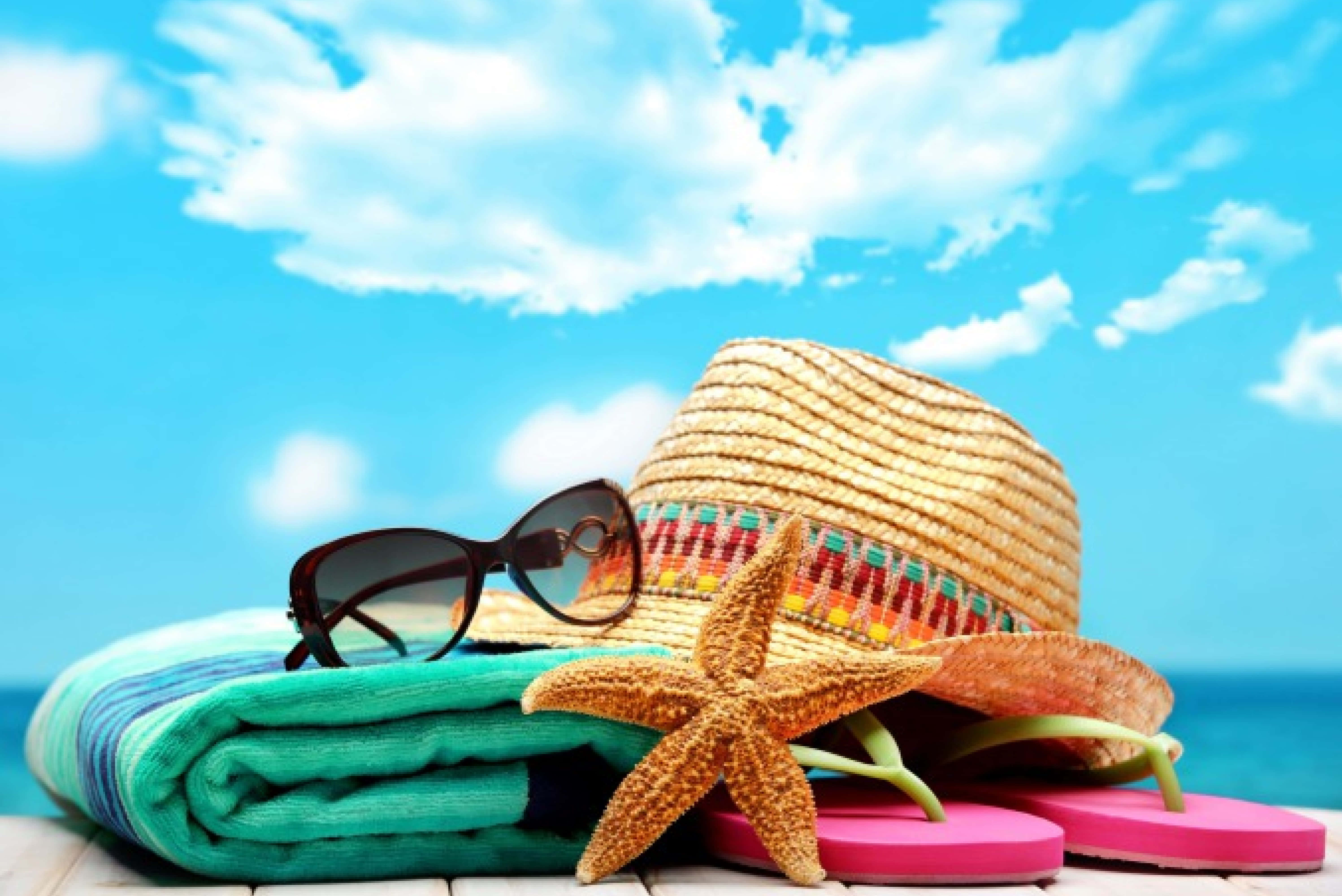 straw hat, sunglasses, starfish, 5K Desktop Wallpaper