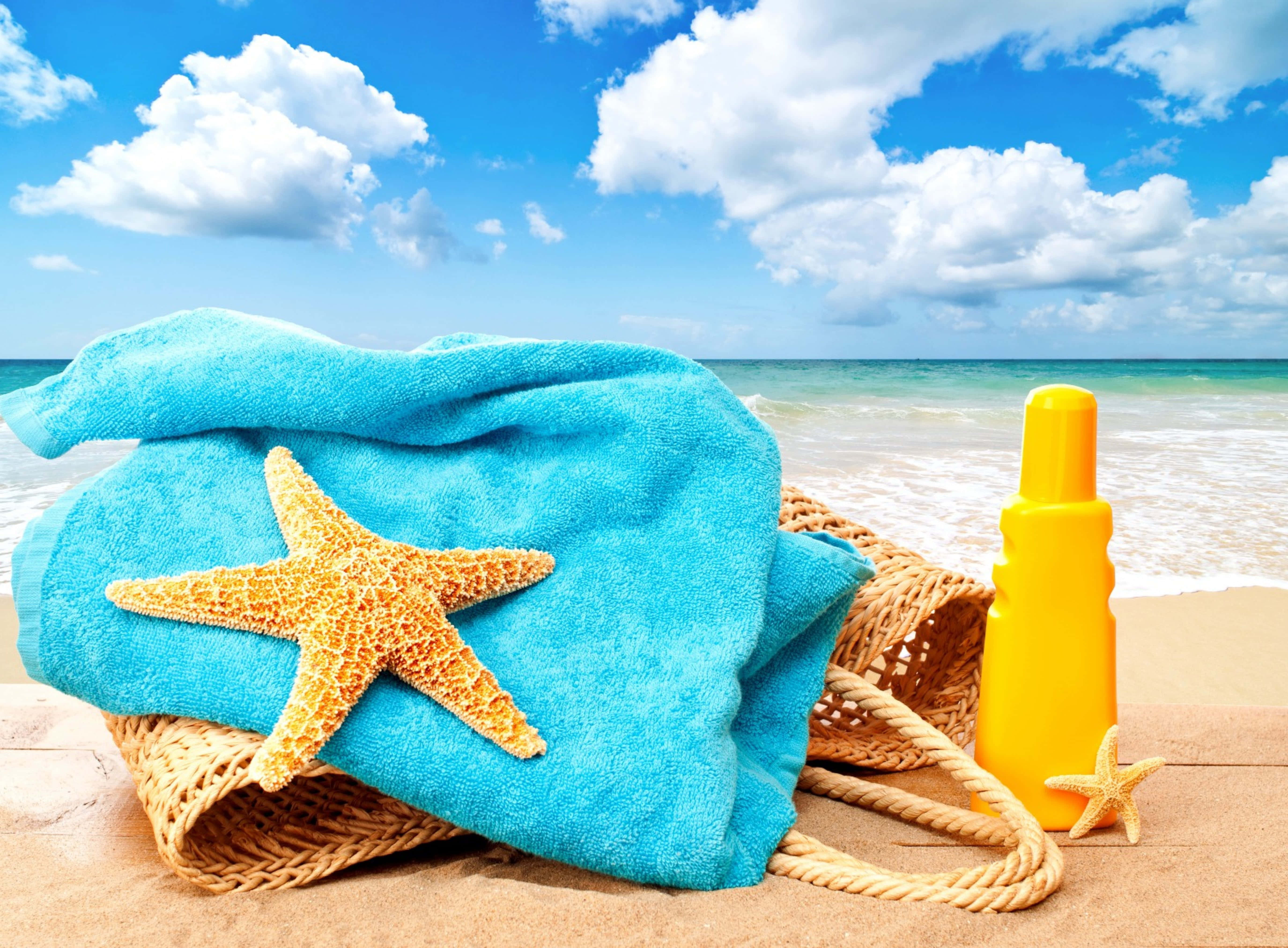 bright blue towel, starfish, woven basket, 5K Desktop Wallpaper